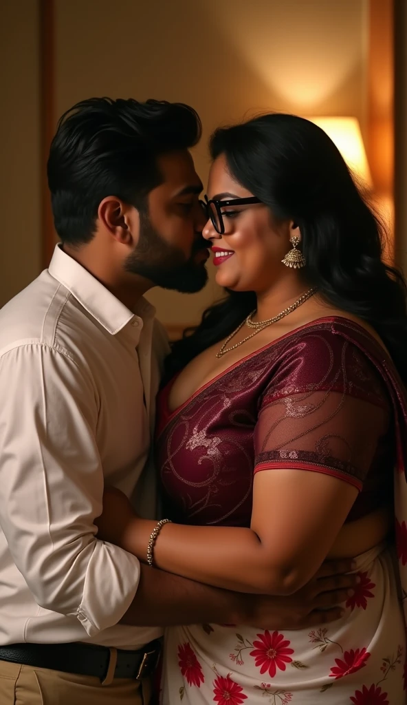 A beautiful gorgeous plump Indian 45-year-old woman wearing saree, huge breasts, cleavage, big ass, hot body curves, kissing a 21 years old handsome man lips in bedroom, both are kissing each other lips passionate sexy pose