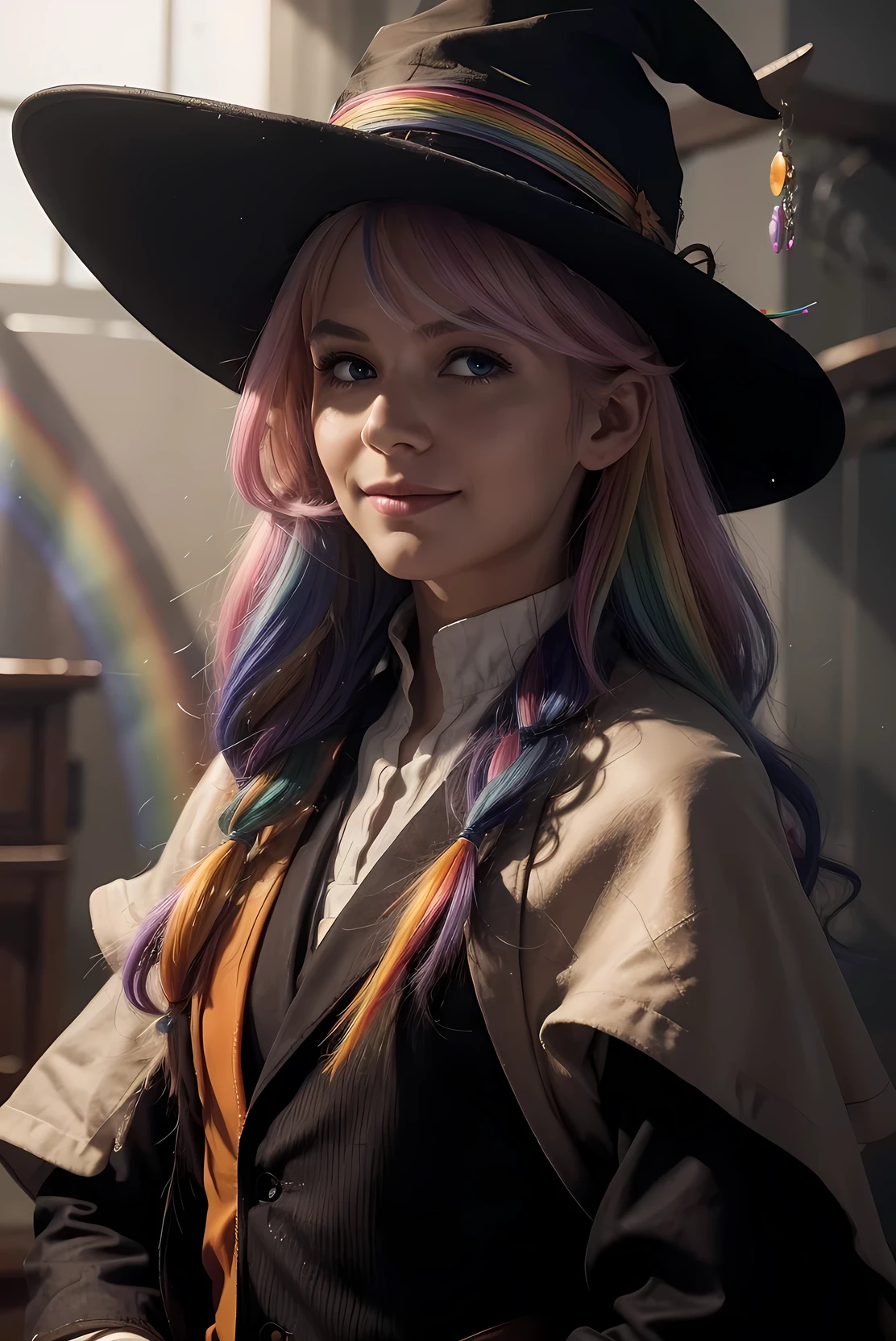 ((rainbow hair)), hair over shoulder, messy hair, hair over eyes, witch hat, wizard hat, grin, bright pupils, happy, anime, cinematic lighting, UHD, ((masterpiece)), super detail, (detailed eyes, detailed face), high quality, highres, high details, Witch with powerful magical light, female wizard, wide-brimmed hat, wizard's staff, wand, A torrent of light, colorful rays intersecting, (Right arm thrust out in front), orange costume, blonde hair, perfect body, cowboy shot