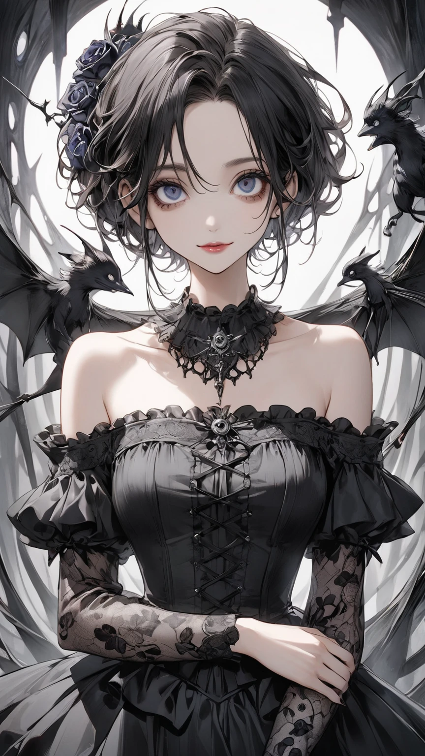 Top view, Woman with asymmetrical short hair, Gothic Lolita Fashion, A dynamic pose, Collage with black flowers, Anime Style, Simple lines, Digital Painting, (masterpiece, High resolution, Highest quality)
