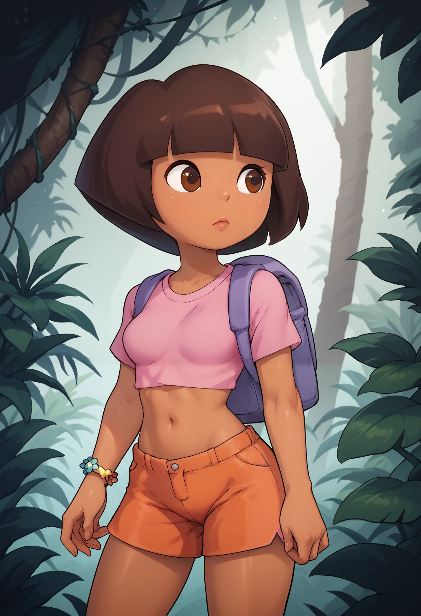Dora The Explorer, solo, cute, medium breasts, looking away, brown eyes, in a jungle outdoors, dark-skinned female, bob cut, (pink shirt), crop top, bare midriff, loose shirt, (orange booty shorts), tight shorts, short shorts, bracelet, backpack, (slender athletic body),