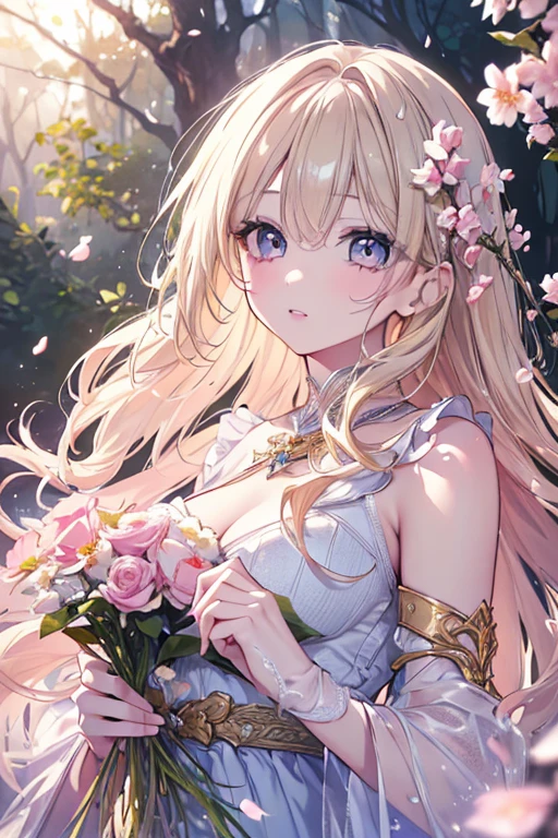 masterpiece、Highly detailed CG unified 8k wallpaper、1girl、beautiful、real、blurry、blurry_background、blurry_foreground、branch、梅のflower、depth_of_field、flower、gem、nose、Realistic、blonde、solo、Children&#39;s clothing with upper white and lower red、Hide fingers、Hide arms、just wear a bra、whole body、