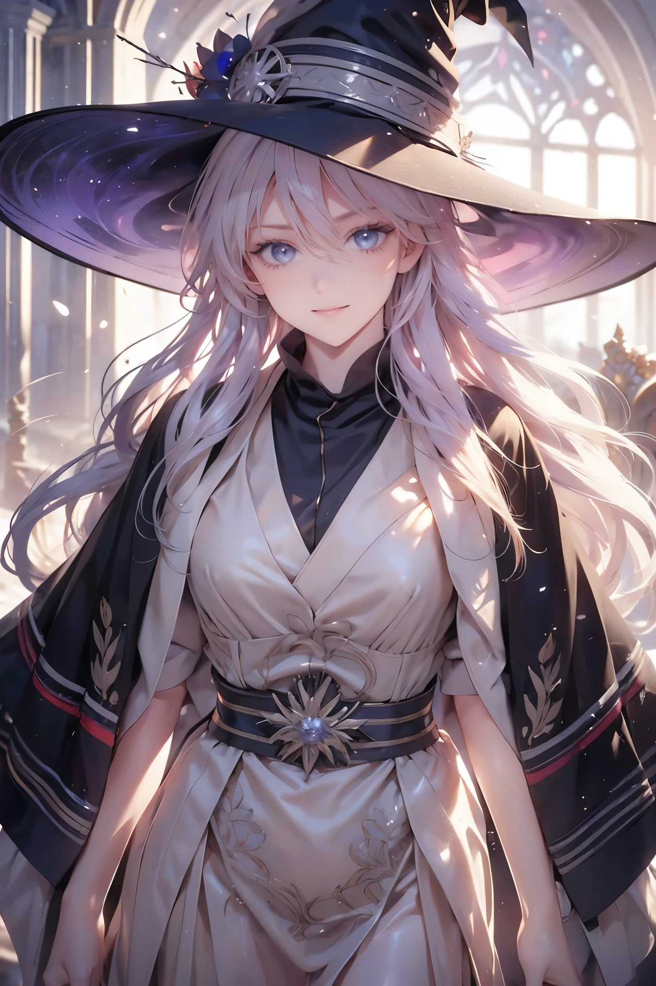 ((rainbow hair)), hair over shoulder, messy hair, hair over eyes, witch hat, wizard hat, grin, bright pupils, happy, anime, cinematic lighting, UHD, ((masterpiece)), super detail, (detailed eyes, detailed face), high quality, highres, high details, Witch with powerful magical light, female wizard, wide-brimmed hat, wizard's staff, wand, A torrent of light, colorful rays intersecting, (Right arm thrust out in front), orange costume, blonde hair, perfect body, cowboy shot