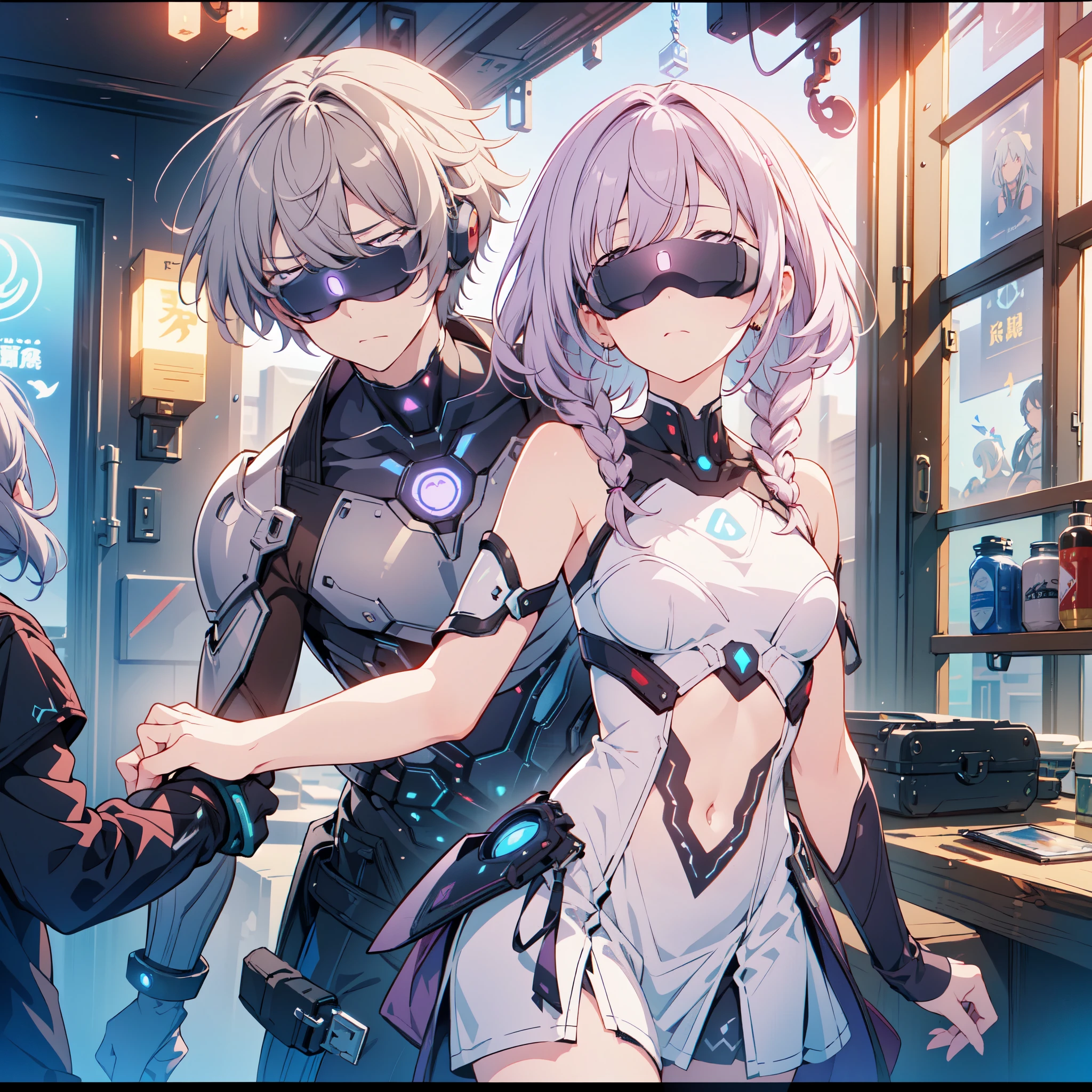 Man and woman couple、yinji,highest quality、Masterpiece、Official Art、The best light source、The best composition、Super detailed、super beautiful、16k、Super detailedな目、Wisteria trellis background、Picture Frame、Picture Frameに紫のLEDライト、indirect lighting、cyberpunk future beautiful girl、Long double braids、Purple hair color with milky white gradation inner color、Sparkling、A couple riding on a futuristic vehicle、Beautiful boy、A girl is riding behind the boy, holding his arm from behind、cyber punk、Head Mounted Display