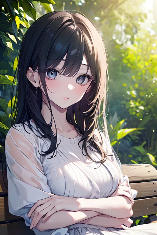 (looking down:1.2), see-through wet shirt, wet hair, Upper Body, Realistic, real person, (pale skin: 1.2), RAW photo, photorealistic, portrait photography, shiny skin, japanese idol、shiny hair、(25 year old woman with medium hair with bangs) and (wavy hair) and (brown hair) and (orange eyes) , Wearing a white V-neck cut-and-sew 、(sad:1.2), The background is a park、Alone、sitting on the bench