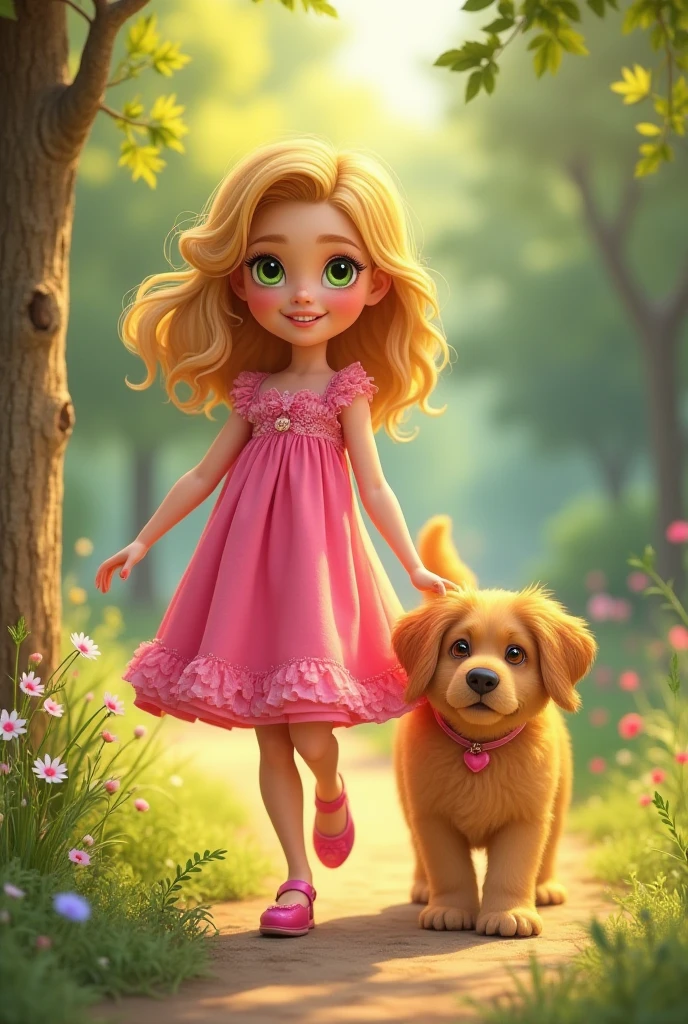child ((princess-like woman)), elegant silhouette, work of art, best qualityer, Sweet face, long hair, (work of art:1,2, best qualityer), (image drawing, details Intricate), (1 child, with dog , golden blonde loose hair, large blue eyes, long hair, bracelet, beautiful face, gorgeous eyes, gazing at viewer, Ela está usando um pink dress de child, appropriately dressed as a CEO, pink dress, sweet irresistible smile, elegant pose, sleek hands, beautiful hands, perfect toes, is in the forest with a beige dog, fund: This is in a forest with red flowers on the road, and river of clean waters