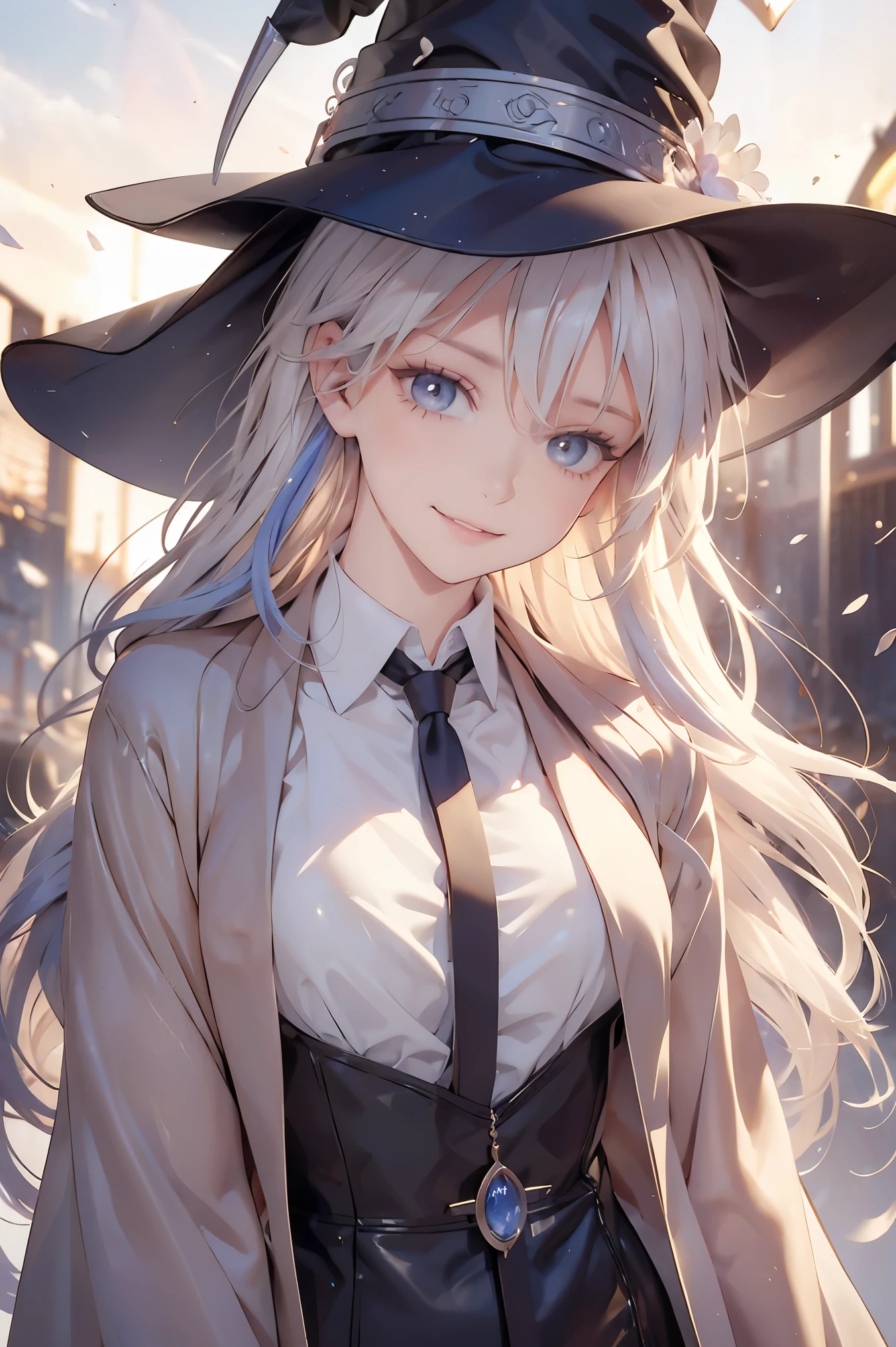 ((rainbow hair)), hair over shoulder, messy hair, hair over eyes, witch hat, wizard hat, grin, bright pupils, happy, anime, cinematic lighting, UHD, ((masterpiece)), super detail, (detailed eyes, detailed face), high quality, highres, high details, Witch with powerful magical light, female wizard, wide-brimmed hat, wizard's staff, wand, A torrent of light, colorful rays intersecting, (Right arm thrust out in front), orange costume, blonde hair, perfect body, cowboy shot