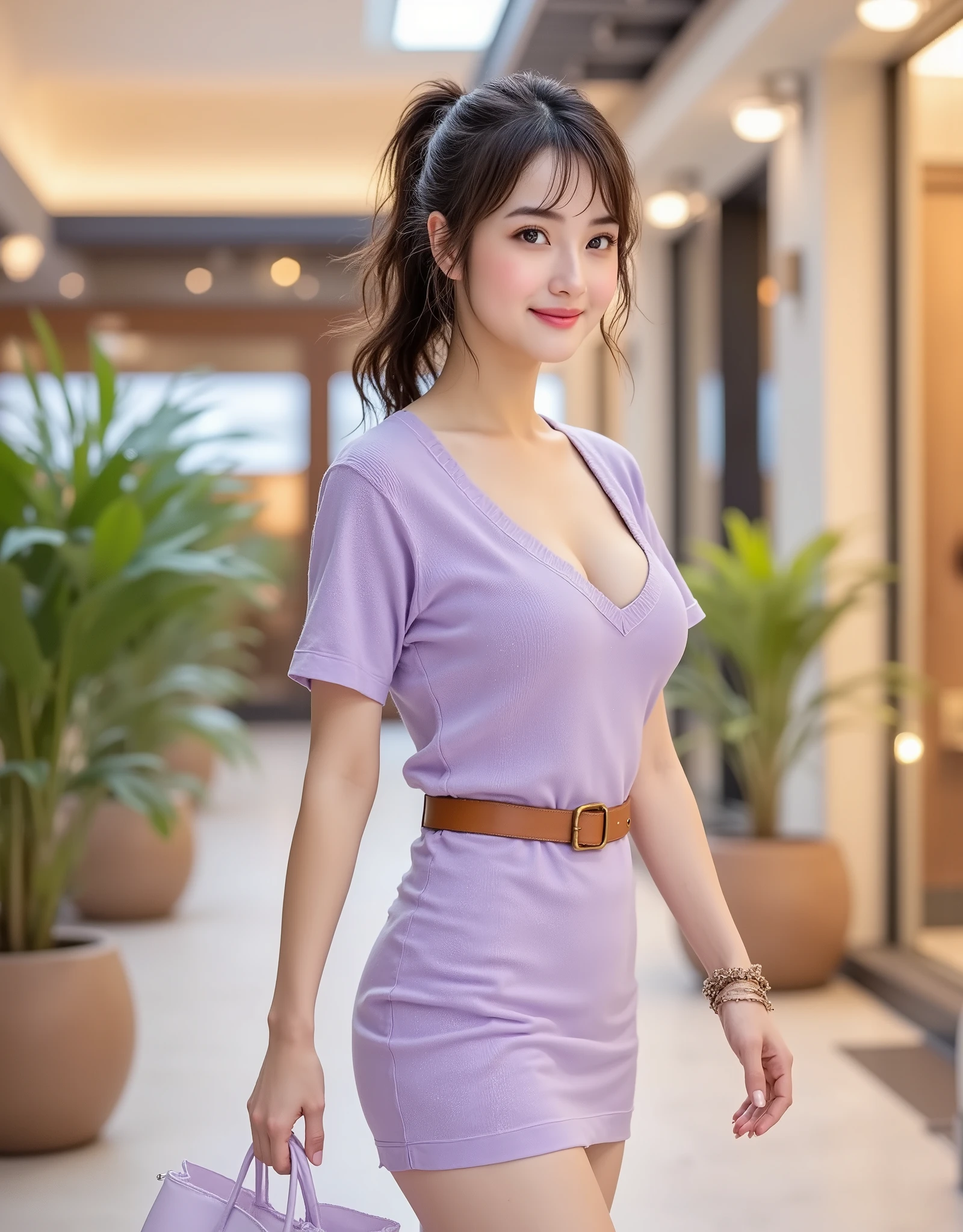 high-definition images, atmospheric perspective, 8k, super detail, accurate, best quality, angle from below, a woman, drooping eyes, sleepy face, blush,(floral purple dress), , necklace, standing portraits ,day scene, pagoda view, hair up, acmm's outfit, black acmm's top , black printed acmm's skirt, holding little serum skincare bottle, posing, in studio, shooting lighting, focus