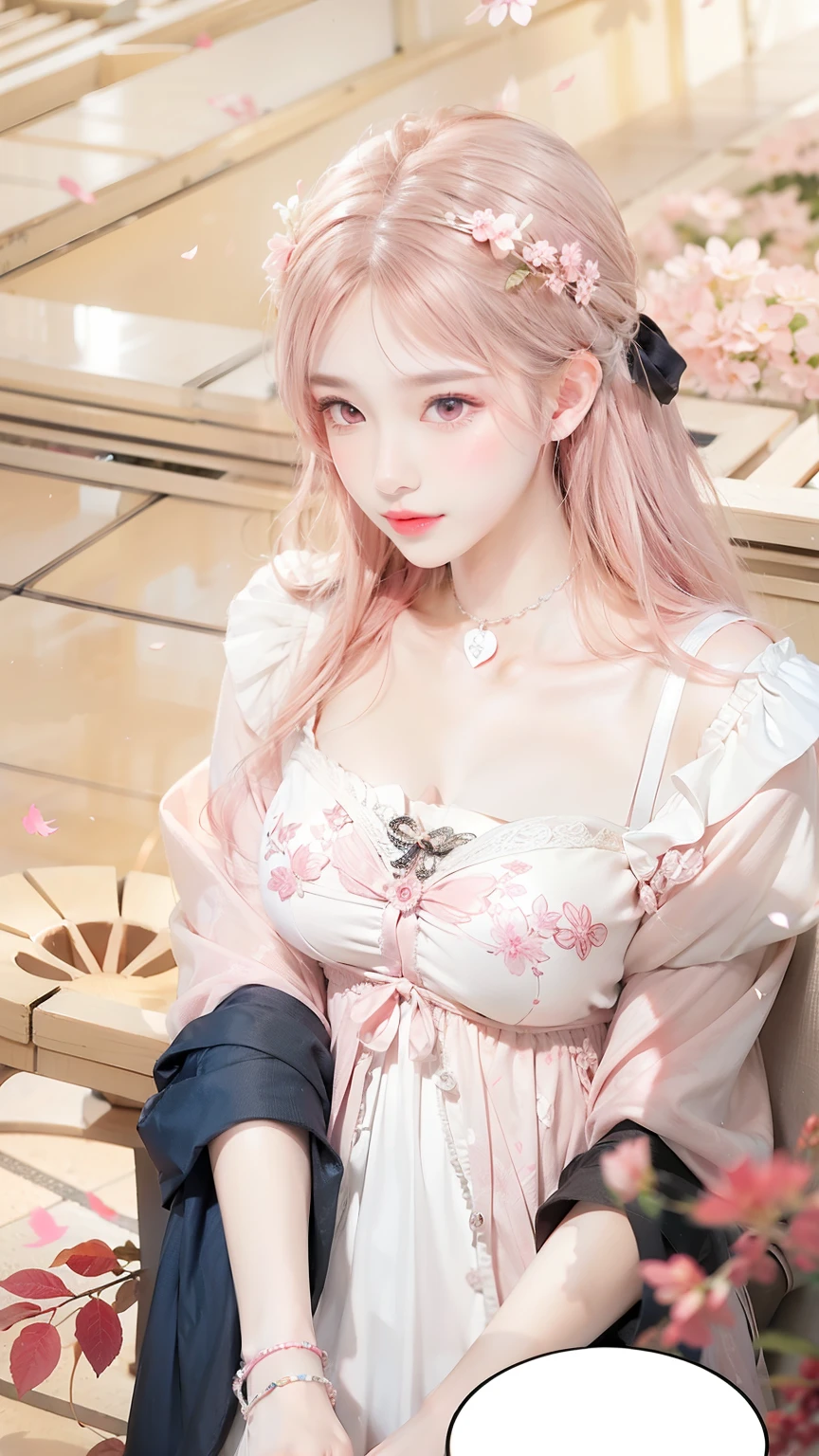 Light pink hair, pink eyes, pink and white, sakura leafs, vivid colors, white dress, paint splash, simple background, ray tracing, wavy hair