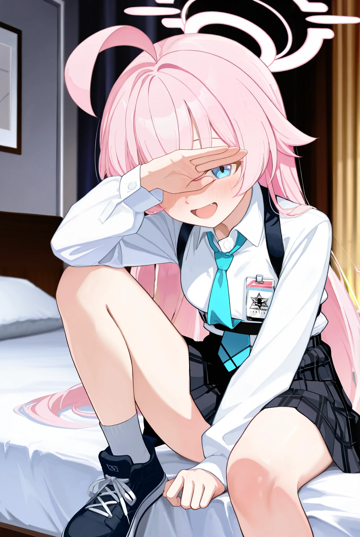 hoshino-default, hoshino \(blue archive\), heterochromia, long hair, pink hair, ahoge, halo, white shirt, plaid skirt, necktie, sneakers, id card, NSFW, One girl, sex, Sweat, vapor, witness, Browsing Caution, (terasu_mc), gang rape, Three Men, in hotel, bed, 3man, 3penis, UHD, masterpiece, textured skin, high details, best quality, highres, anatomically correct,enraptured smile,Sensual eyes,flirty expression,
