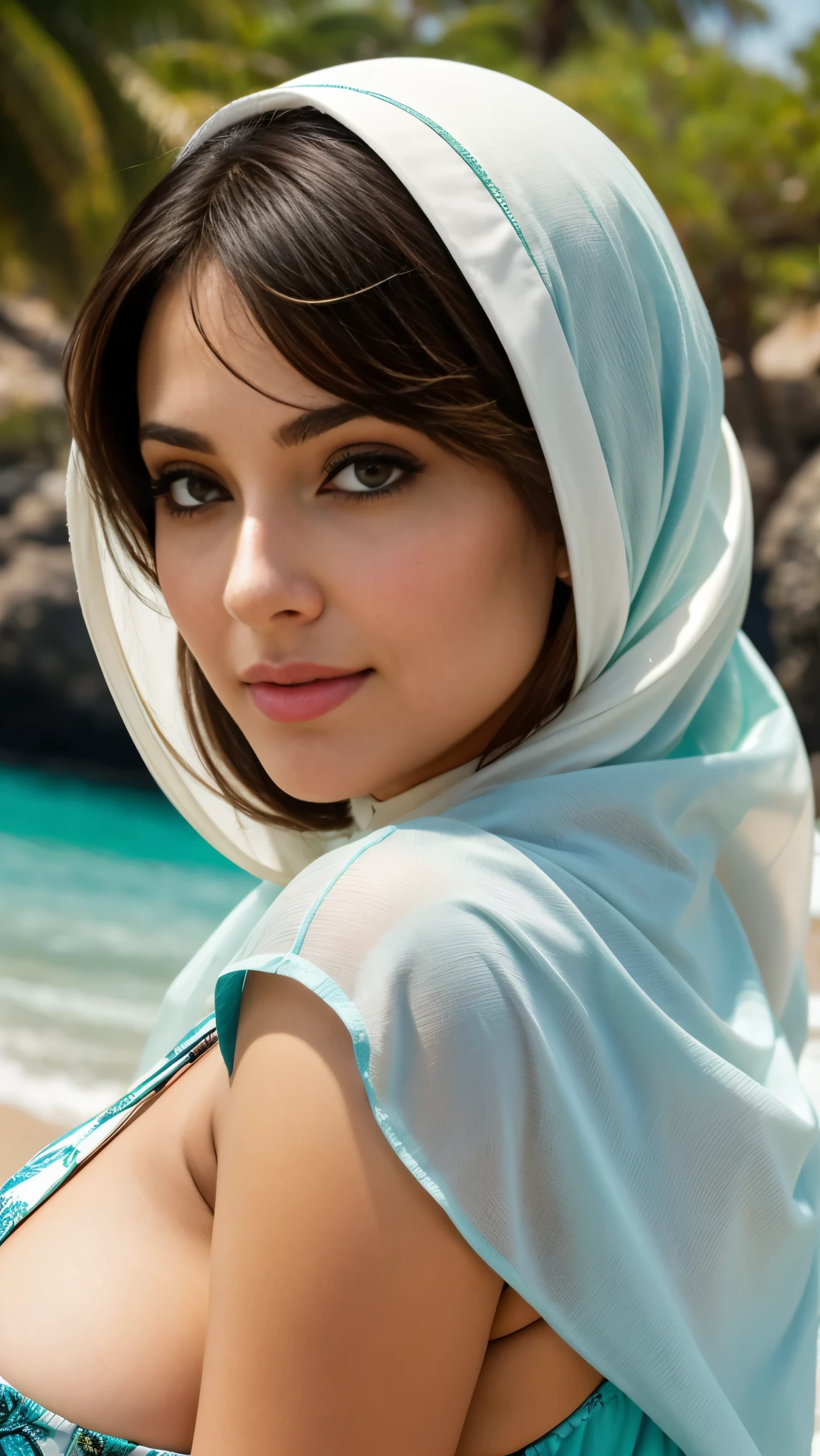 Perfect Eye, great face,  Indian, Beautiful appearance, ((Light lips, bright eyes, Curve Heir 1.5)), (((  Beautiful Details Extra Large Breasts   ))), (Straight and round 、 super huge breasts, Non-sagging breasts),  amazing gorgeous ,  amazing gorgeous な顔,  pretty face, bright eyes, ( Detailed Colorful and Elegant Print Designs and Patterns on the Hijab ),  Updo Elegant Hair ,  Blurry Grey Tone Background , Ultra Focus , Your face is shining,   Face Details  ,  8k resolution, Painted, Dry brush, Brush strokes, Razumov style and garmash style, Tokai people, （Fluorescent color：1.4），（translucent：1.4），（Retro Filter：1.4），（Fantastic：1.4）， Soft Fluffy Soft Landscape Light Soft Whimsical Light Ocean Harvest  Background Ultra Realistic Ultra High Quality Cinematic Lighting Huge Details Full HD Painting Plenty of light，Diagonal bangs，  Hijab with Collar ，Side masterpiece，  best quality， Real Skin，（ sport rate：1.5），  1 girl in the best， [ short bangs， ( long wave hair )， ((Ocean Harvest )),   (( Big Sexy Body )),   ((( portrait photo )))