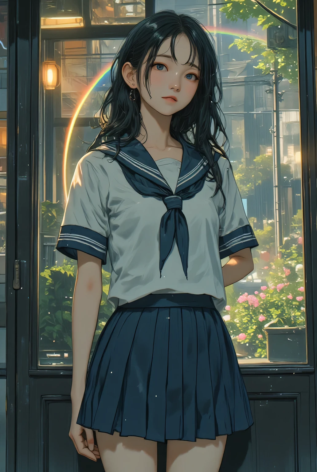( best quality:1.4), 32K resolution, ( Is present:1.5), (超 Is present:1.5), High resolution UHD, (masterpiece:1.2)), (Improved quality:1.4), ( very beautiful facial details ), Famous Paintings, best quality, rain, (On the city streets:1.21), (In front of a shop window :1.21), Summer uniform, (( school sailor uniform , Sera Clothing :1.37)), (( navy miniskirt:1.21)), red ribbon, ( wet skin, wet close , wet hair:1.5), Japanese woman, Old Supermodel , slender body, Very depressed, tea hair, ( natural wave hair :1.21), looks up at the , profile, Knee Shot , sailor suit, flat chest, Cute Japanese , poster, 1980s, magazine cover, shape, abstract, advertisement,movie 映画のposter, vintage,retro, daily,anime, Ultimate Map , Perfect Rainbow, highlights , Light and Shadow, very detailed目, very detailed, A variety of expressions,