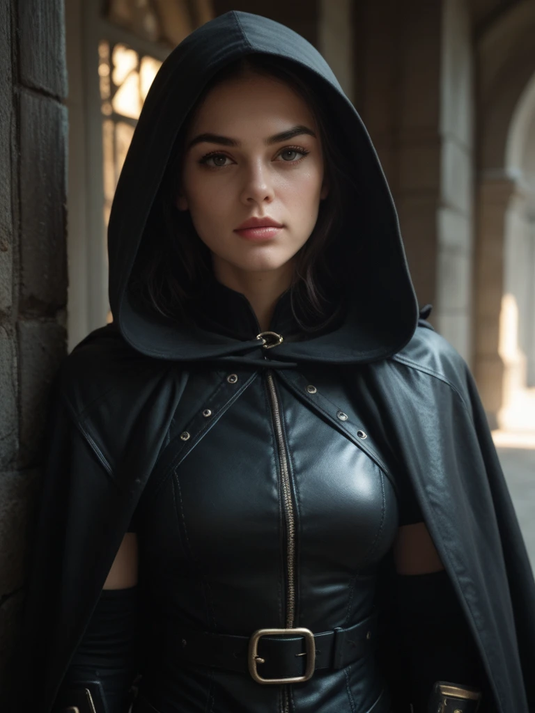 A woman with shoulder-length curly hair, Harry Potter costume, in Hogwarts, beautiful face, pierced nose, wearing black gloves.