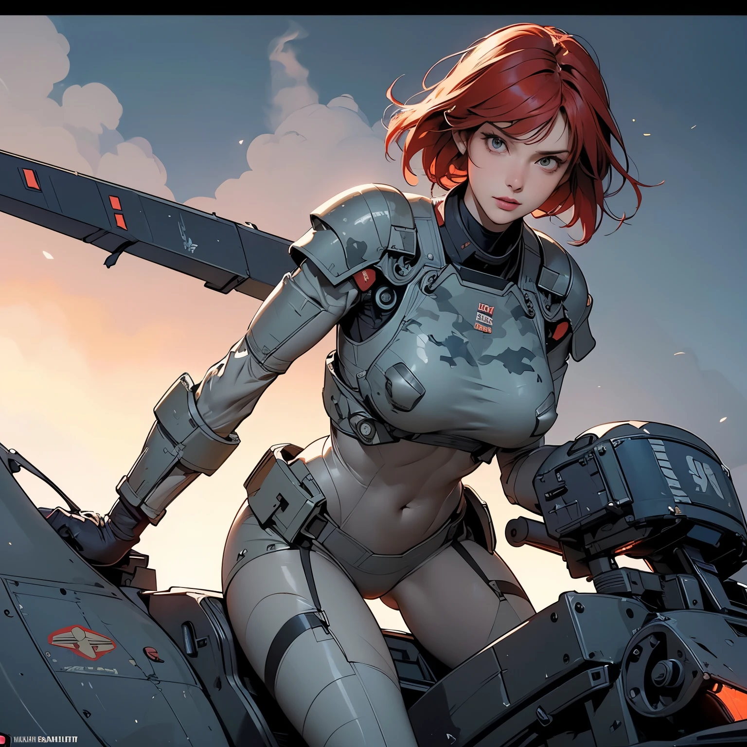 nsfw, anime screencap, 16K, perfect anatomy proportion body, perfect hands, action, A dynamic composition with a sense of speed and movement, (Hold an assault rifle:1.6), a wife, 40age, perfect beautiful delicate sexy face, perfect beautiful delicate slanted eyes, red hair, swept bangs pixie cut, medium breasts, abs, Heavy armored steam engine sexy powered suit with exquisite chainmail, Many robot soldiers having a gunfight in the background, Flying bullets, Desert Battlefield, war, Post-apocalyptic,