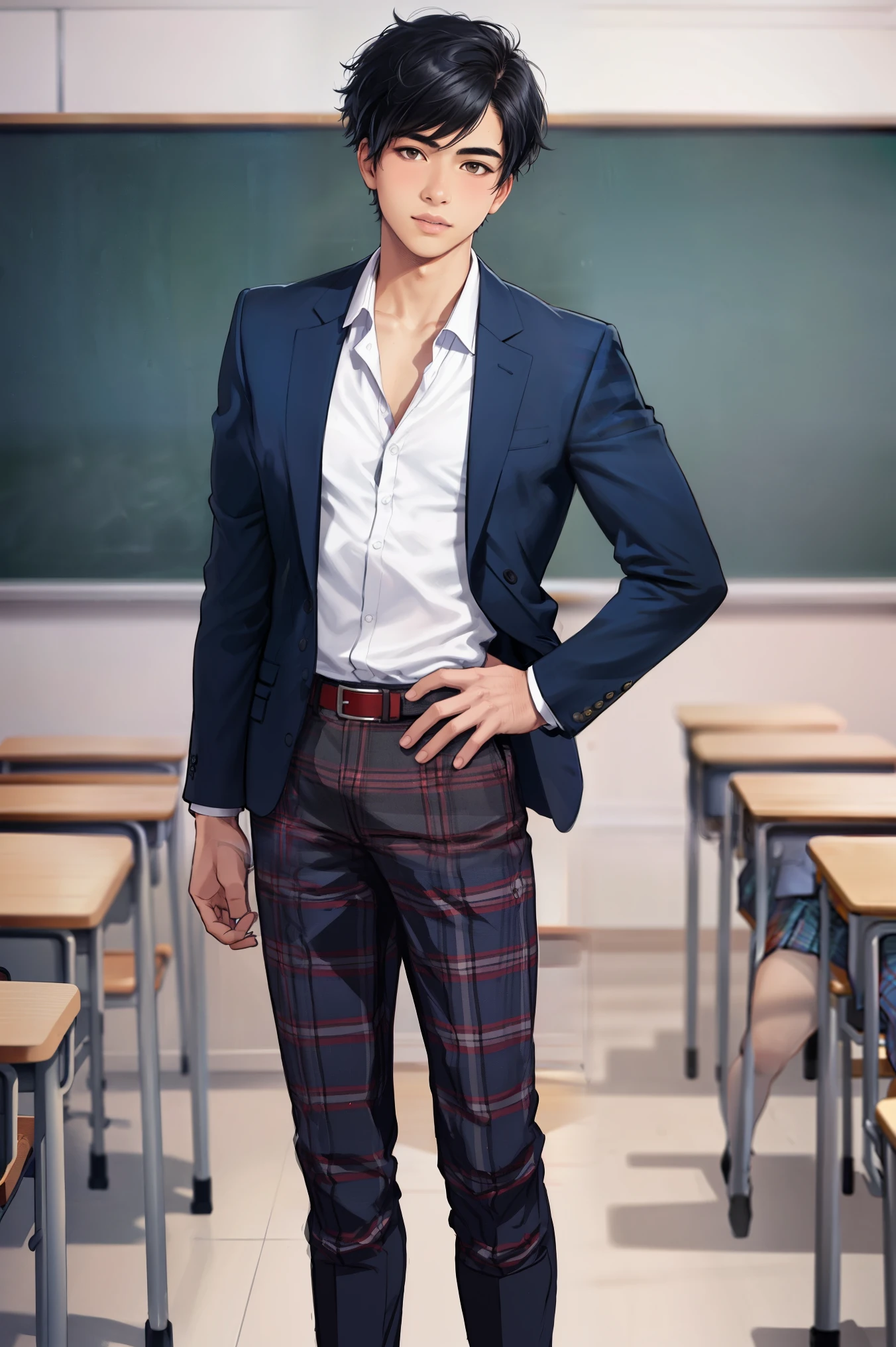  high resolution,  one boy, solo, Full view from head to toe, front, upright, student,  short hair ,  black hair,  realistic skin and texture , Blue blazer,red plaid trousers,School classroom,  realism ,