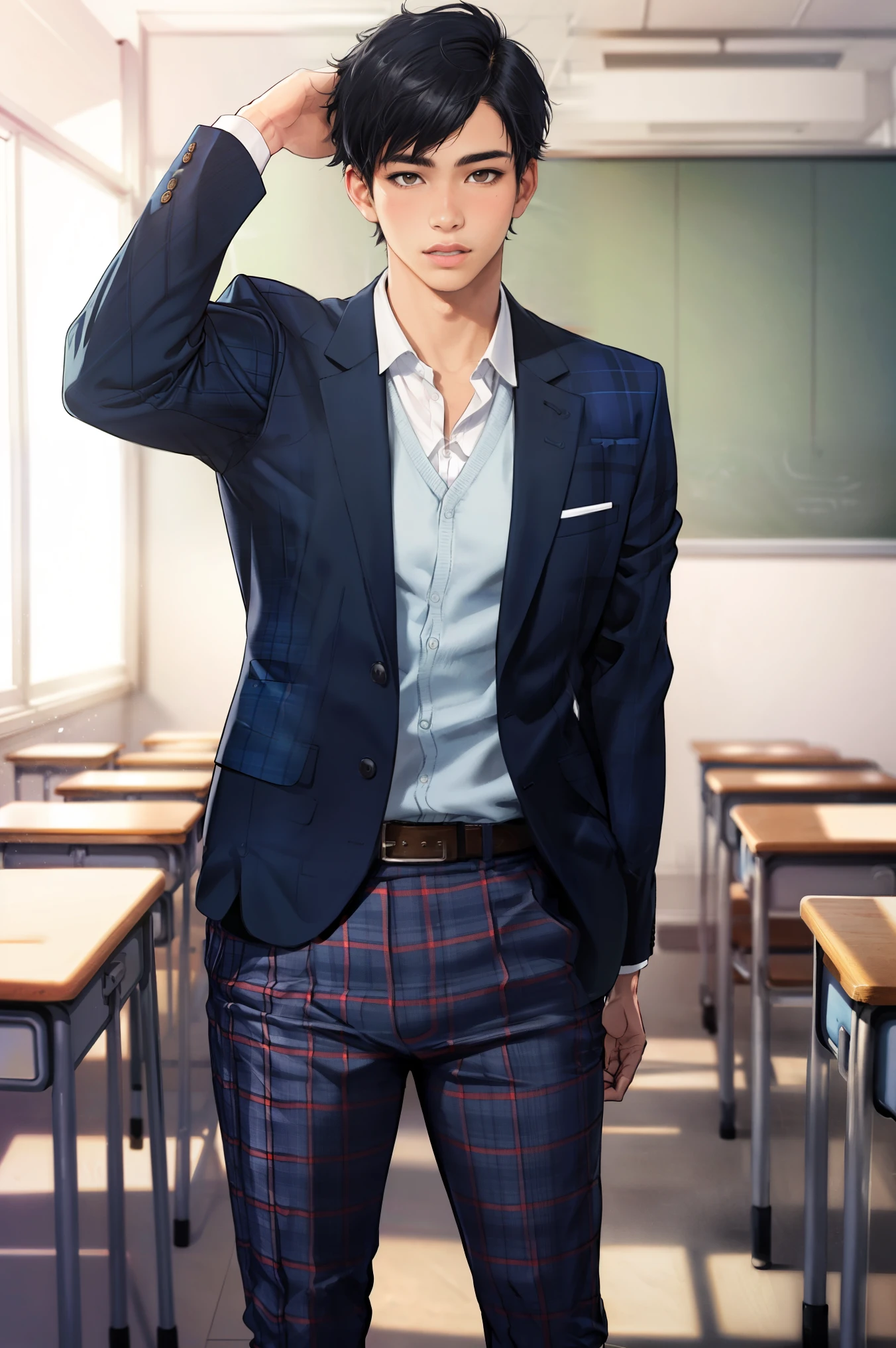  high resolution,  one boy, solo, Full view from head to toe, front, upright, student,  short hair ,  black hair,  realistic skin and texture , Blue blazer,red plaid trousers,School classroom,  realism ,