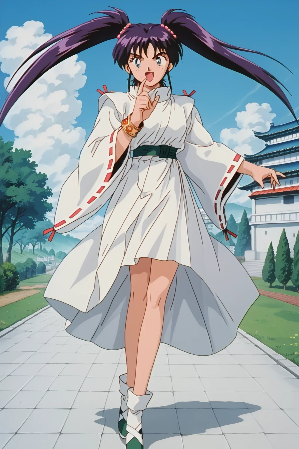 score_9,score_8_up,score_7_up,score_6_up,score_5_up,score_4_up,source_anime,(solo:1.5), masterpiece,highest quality,Super detailed,8k,High resolution,an extremely delicate and beautiful,Official Art,Perfect Anatomy,1990s \(style\),90s anime,90s anime style,retro artstyle,Cel-shaded anime,anime screencap,anime coloring,perfect face,beautiful,sexy,athletic body,shiny skin,(scale to fit the dimensions:1.2), (outdoor:1.4), Chery , dark purple hair, bangs, twintails, long hair, dark blue eyes, medium breast, jewelry, gold bracelet, red pearls hair tie, ribbon-trimmed sleeves, green belt, white japanes clothes,mini skirt,((dynamic pose ,background,full body:1.5)),