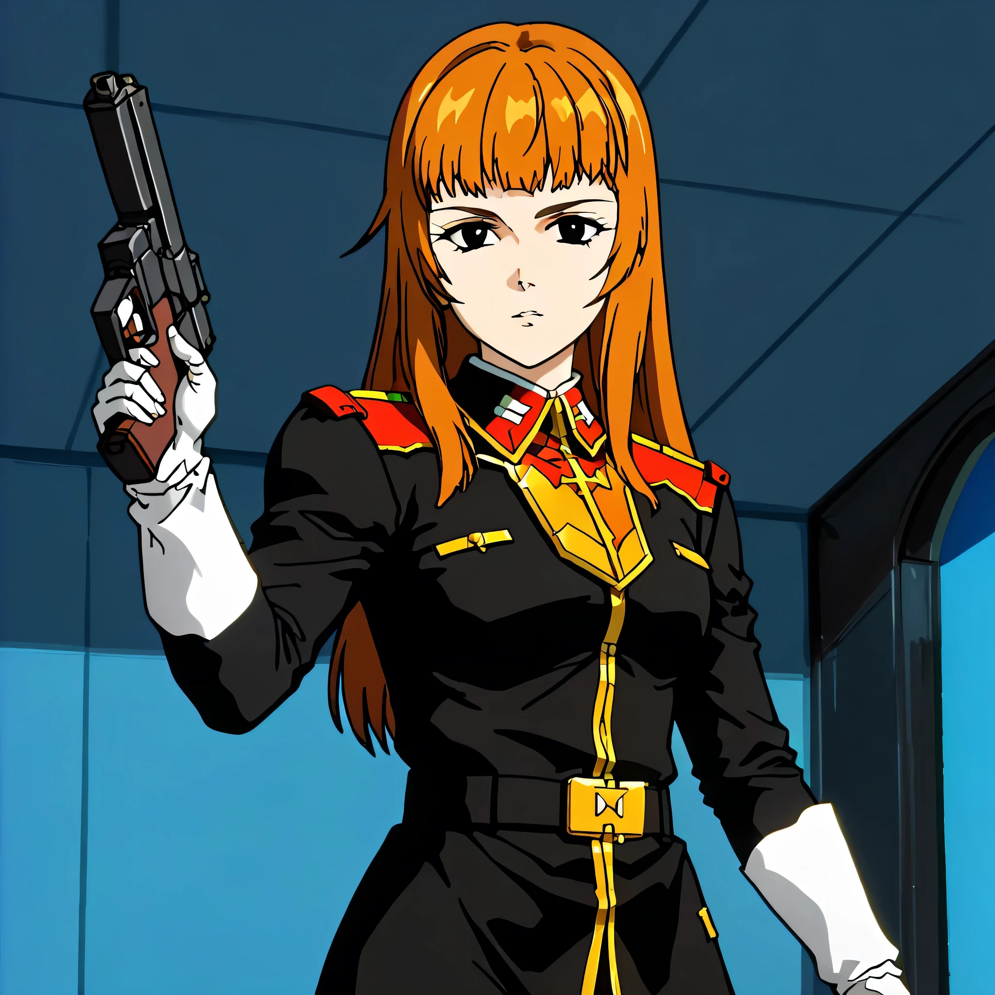 ultra-High resolution, score_9,score_8_up,score_7_up,score_6_up,score_5_up,score_4_up, BREAK, source_anime, anime screencap, uncensored, rating_explicit, Masterpiece, curvy, looking at viewer, (((solo, 1girl))), hair ornament, (((TitanOutfit))), full body, medium breast, Utsumiya, black eyes, brown hair, long hair, bangs, HimeUtsumiya, orange hair, expressionless, emotionless, holding gun, gun, weapon, point at viwer, aiming at viewer, shooting at viewer
