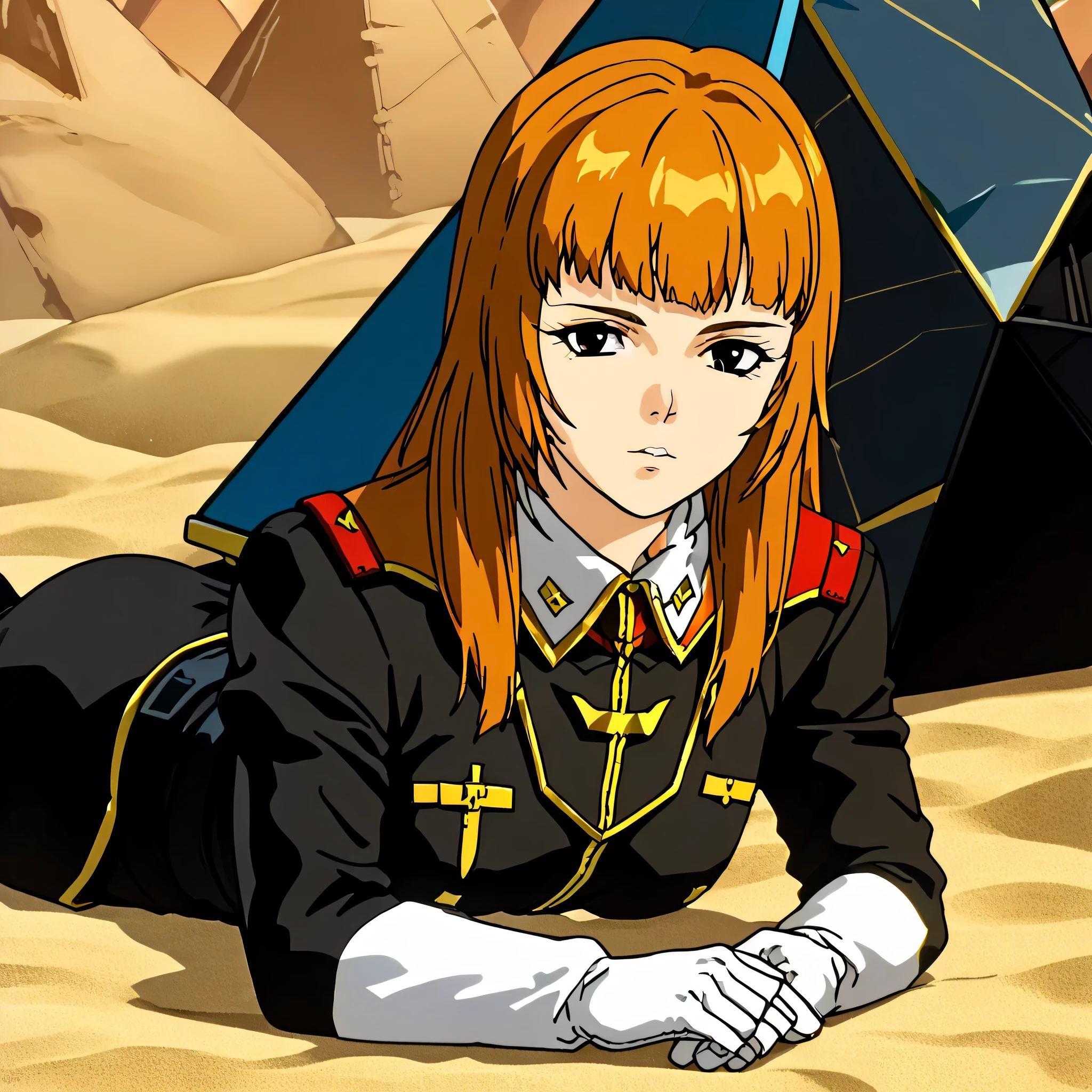 ultra-High resolution, score_9,score_8_up,score_7_up,score_6_up,score_5_up,score_4_up, BREAK, source_anime, anime screencap, uncensored, rating_explicit, Masterpiece, curvy, looking at viewer, (((solo, 1girl))), hair ornament, (((TitanOutfit))), full body, medium breast, Utsumiya, black eyes, brown hair, long hair, bangs, HimeUtsumiya, orange hair, expressionless, emotionless, lying down on sphinx, seductive pose, submissive pose, pyramid background, sand background