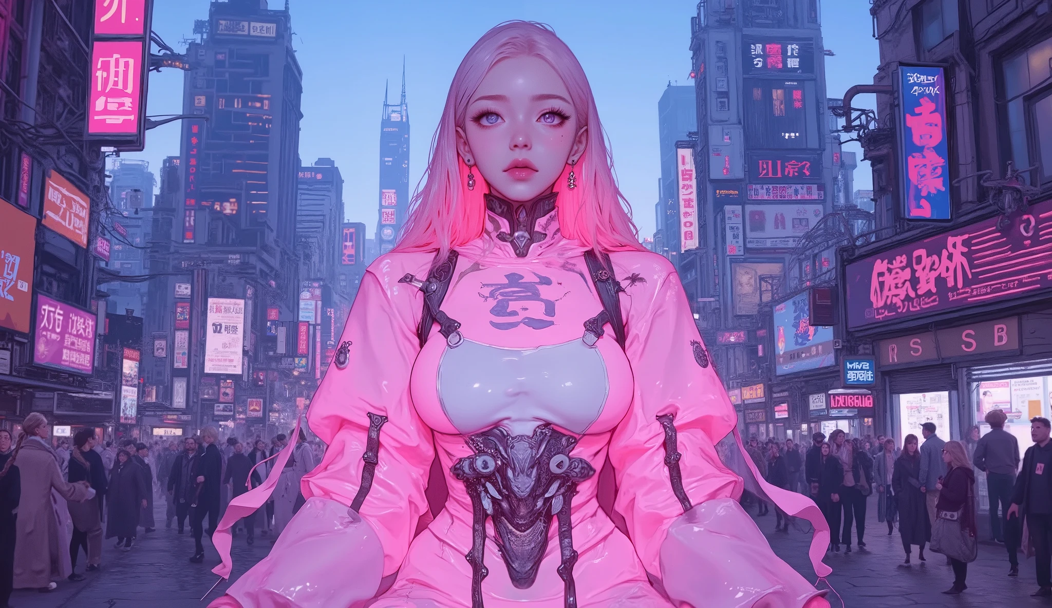 best quality Ultra delicate Japanese anime anime one pretty girl Pink light blue-purple scenery The downtown area of the future Strong shadows strong contrast cyberpunk