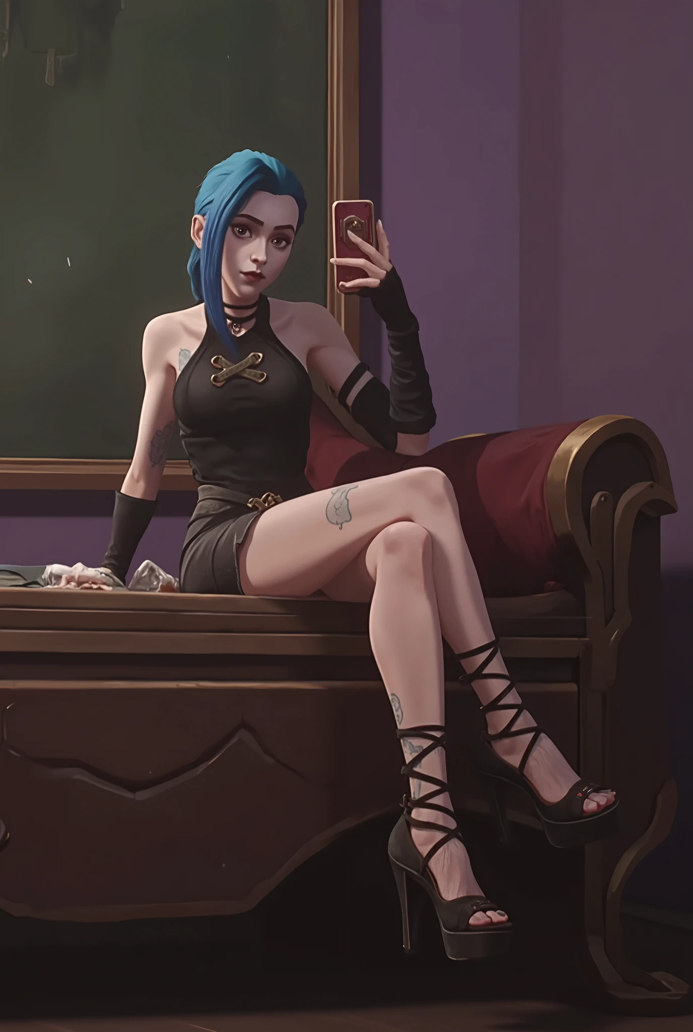 Jinx, in her room , taking a seated selfie, blue hair, Perfect face, with well-defined thighs and legs ,elegant and short black dress, fitted to the torso with a pronounced neckline , The elegant black dress opens slightly at the legs , showing part of her thighs . sleeveless . On her feet, she wears elegant black heels with a thick, square sole about 10-12 centimeters high, the platform on the forefoot is visible and small, her heels are made of black suede and have 3 crossed straps on the instep held by two small rectangular gold buckles. , The straps are made of the same material as the elegant black heels and are intertwined on the foot before joining the whole, The tip is round and open , forming a peep-toe .