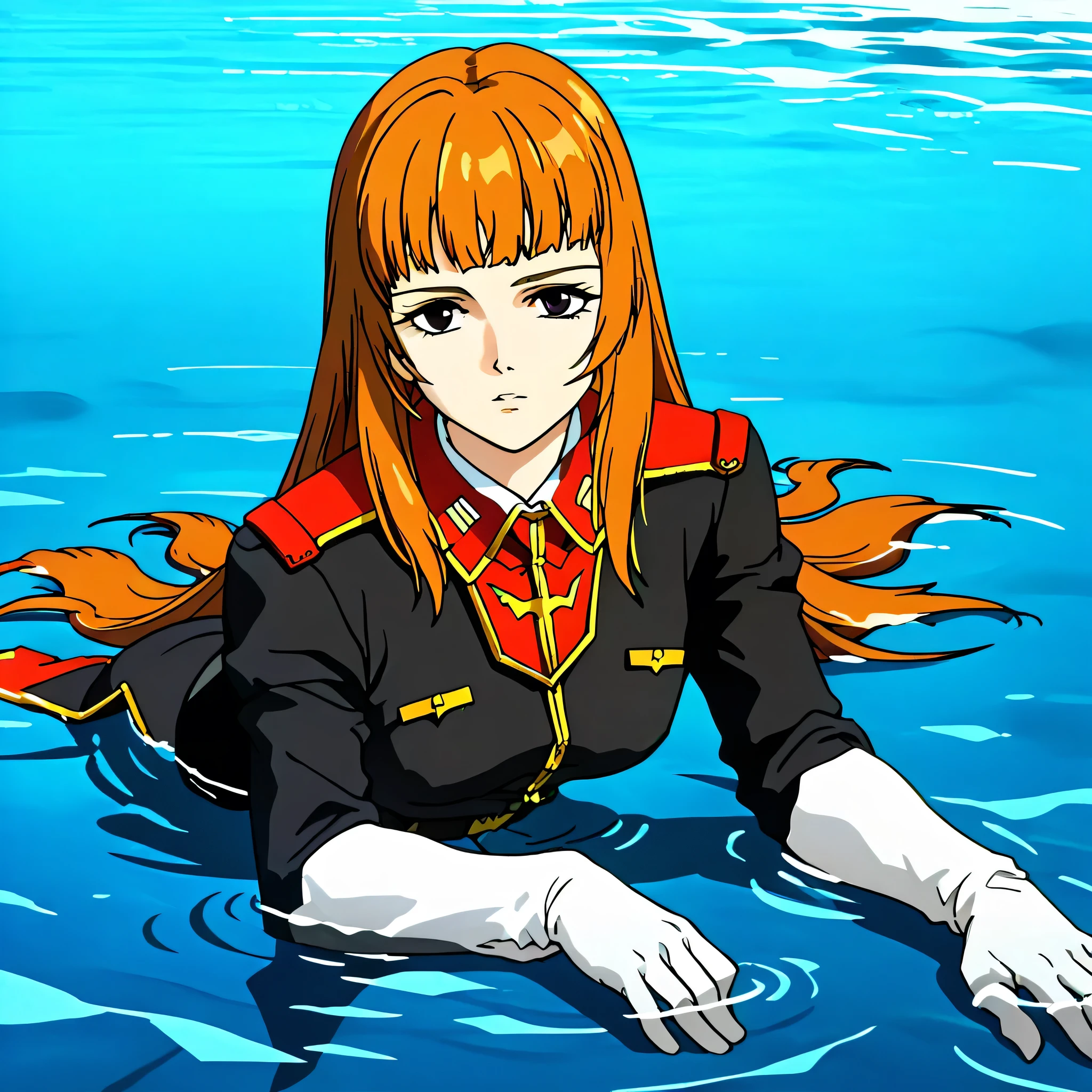 ultra-High resolution, score_9,score_8_up,score_7_up,score_6_up,score_5_up,score_4_up, BREAK, source_anime, anime screencap, uncensored, rating_explicit, Masterpiece, curvy, looking at viewer, (((solo, 1girl))), hair ornament, (((TitanOutfit))), full body, medium breast, Utsumiya, black eyes, brown hair, long hair, bangs, HimeUtsumiya, orange hair, expressionless, emotionless, lying down on water, water background, submerged