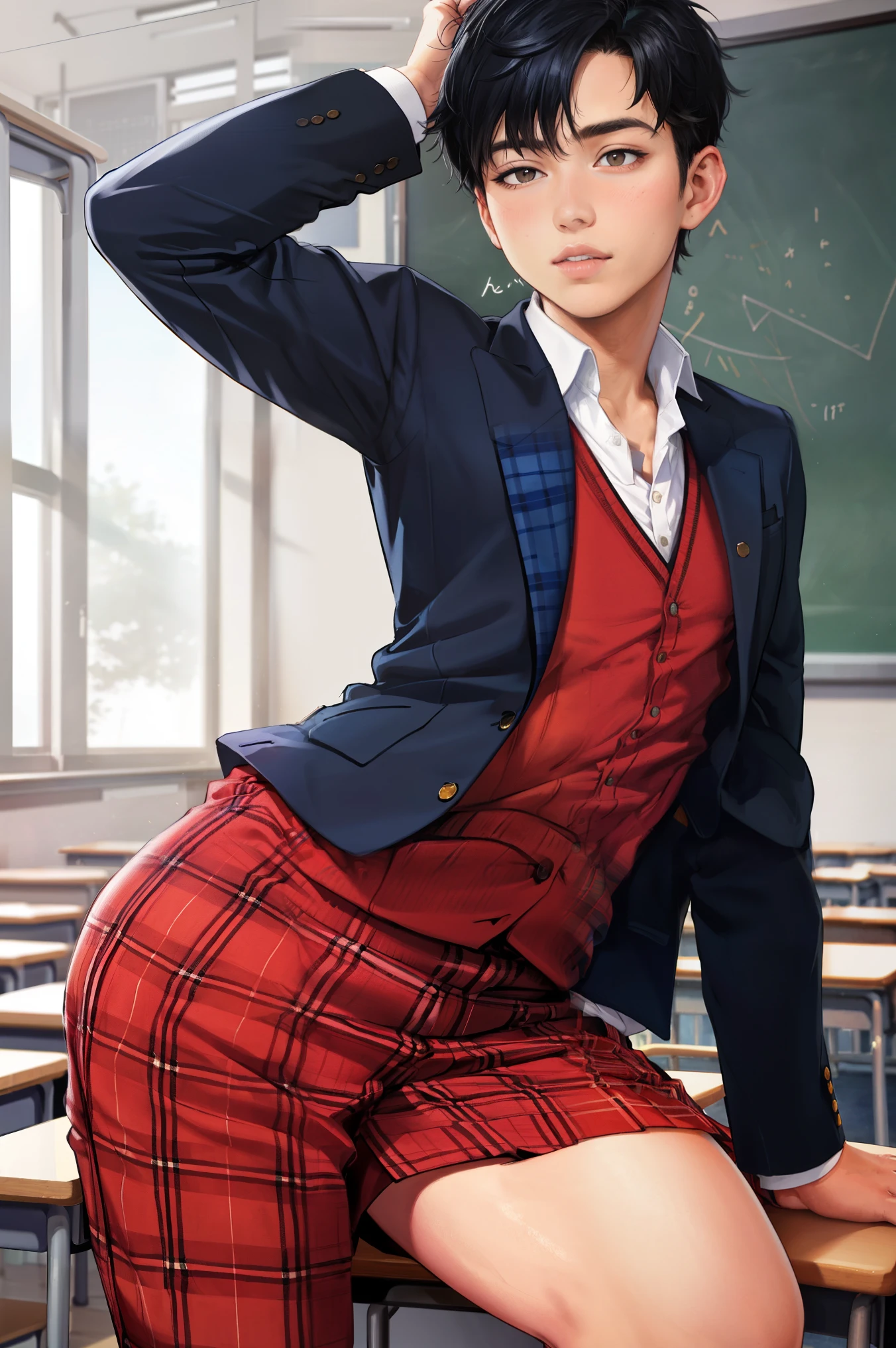  high resolution,  one boy, solo, Full view from head to toe, front, upright, student,  short hair ,  black hair,  realistic skin and texture , Blue blazer,red plaid trousers,School classroom,  realism ,