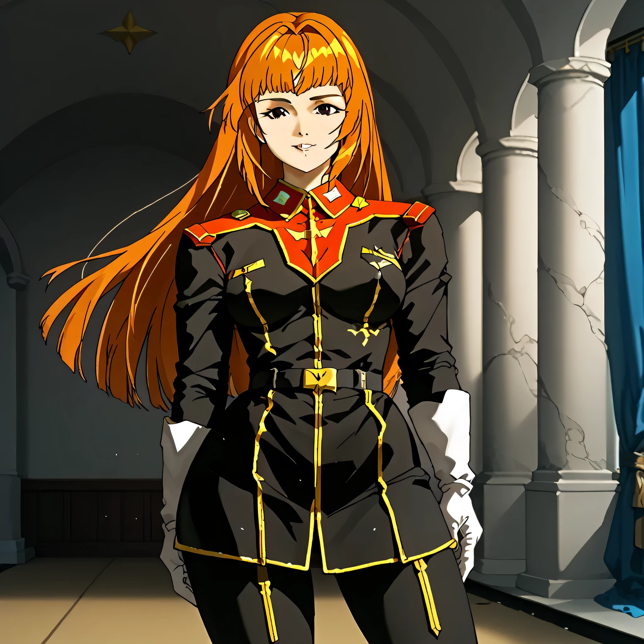 ultra-High resolution, score_9,score_8_up,score_7_up,score_6_up,score_5_up,score_4_up, BREAK, source_anime, anime screencap, uncensored, rating_explicit, Masterpiece, curvy, looking at viewer, (((solo, 1girl))), hair ornament, (((TitanOutfit))), full body, smile, happy, medium breast, Utsumiya, black eyes, brown hair, long hair, bangs, HimeUtsumiya, orange hair,