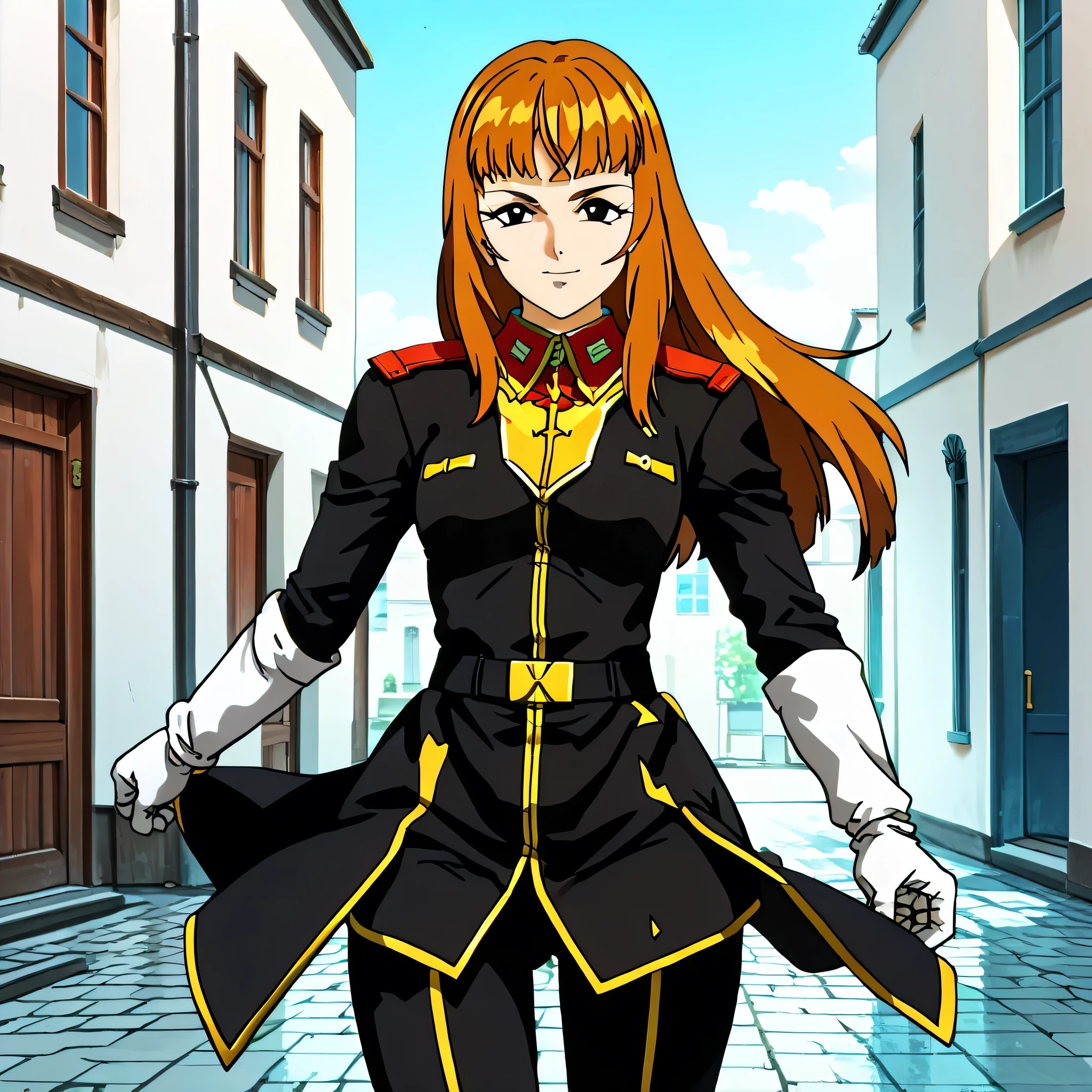 ultra-High resolution, score_9,score_8_up,score_7_up,score_6_up,score_5_up,score_4_up, BREAK, source_anime, anime screencap, uncensored, rating_explicit, Masterpiece, curvy, looking at viewer, (((solo, 1girl))), hair ornament, (((TitanOutfit))), full body, smile, happy, medium breast, Utsumiya, black eyes, brown hair, long hair, bangs, HimeUtsumiya, orange hair, outdoor, fighting stance