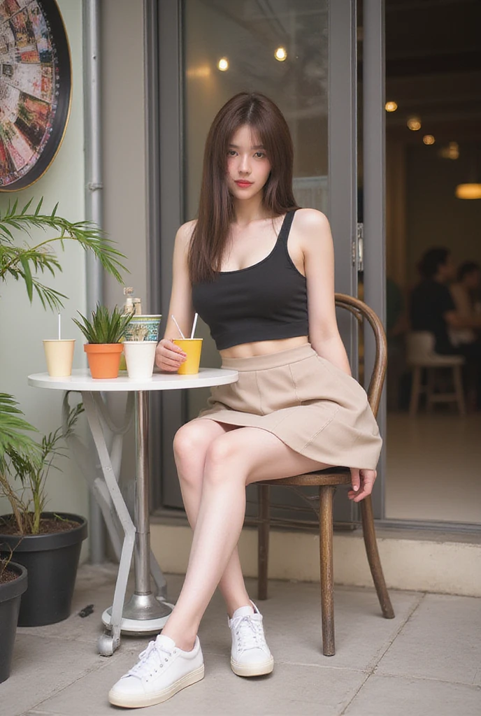 (8K、RAW photography、 Highest quality、 hentail realism、Photorealsitic、Professional lighting、tmasterpiece、Extremely Delicately Beautiful、finedetail、ultra - detailed、A high resolution、Textured skin)、1womanl、(Solo:1.2)、Beautiful model、jpn、panties aside、white panties,Thin fabric、beauitful face:2、perfectly proportions、Carmelto、(Bare legs)、Makeup、lipstick、eyeline、mascara、eye shadows、Brown hair、Blonde wavy hair、hair on one eye、Tall、vests、(A miniskirt:1.3)、high-heels、Open terrace seating in the coffee shop、The ceiling is from below,Belly tattoo,Indecent tattoos
