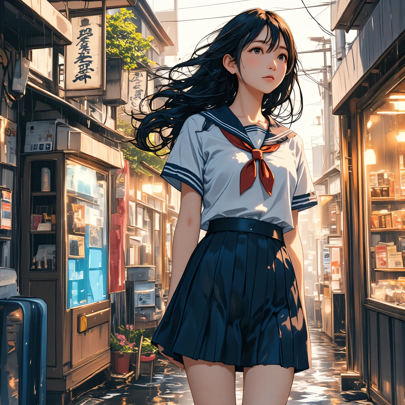 ( best quality:1.4), 32K resolution, ( Is present:1.5), (超 Is present:1.5), High resolution UHD, (masterpiece:1.2)), (Improved quality:1.4), ( very beautiful facial details ), Famous Paintings, best quality, rain, (On the city streets:1.21), (In front of a shop window :1.21), Summer uniform, (( school sailor uniform , Sera Clothing :1.37)), (( navy miniskirt:1.21)), red ribbon, ( wet skin, wet close , wet hair:1.5), Japanese woman, Old Supermodel , slender body, Very depressed, tea hair, ( natural wave hair :1.21), looks up at the , profile, Knee Shot , sailor suit, flat chest, Cute Japanese , poster, 1980s, magazine cover, shape, abstract, advertisement,movie 映画のposter, vintage,retro, Ultimate Map , The perfect highlight, Light and Shadow, very detailed目, very detailed, A variety of expressions,