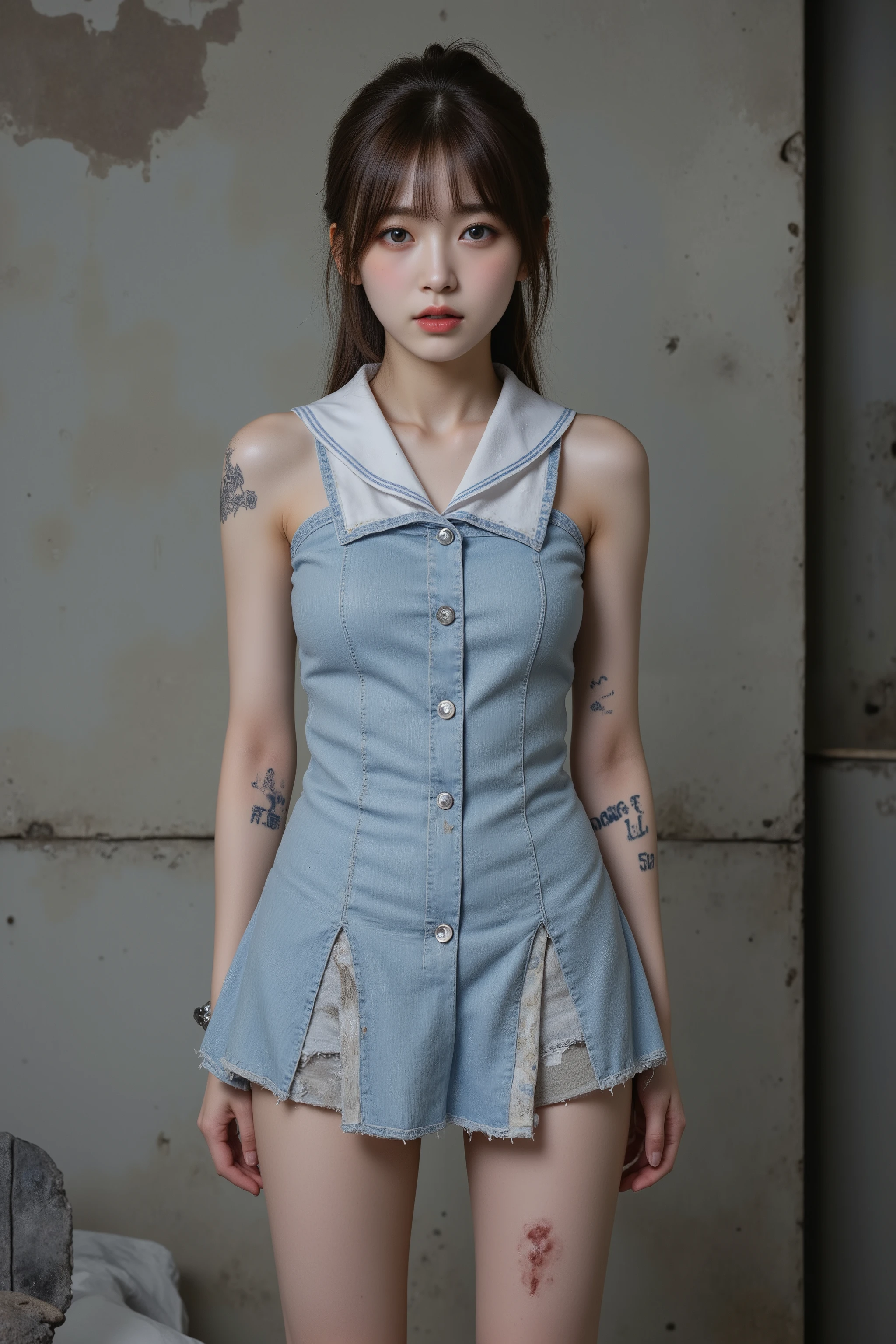 NSFW, penis_shadow,
Photorealistic,
Highly detailed,
full body,
a beautiful Korean girl,
She is very young, she is in her early s,
Her hair is slightly chestnut black,
her hairstyle is a long ponytail with bangs,
her hair is messy and frayed,
Her skin is as white as snow,
her thighs are very thick and curvy,
She has very large breasts and they are a little saggy,
She has several tattoos,
one of tattoo is a poop tattoo,
She was a Korean idol singer,
She is a prostitute now,
She is wearing a sleeveless light blue mini skirt dress,
which has a sailor collar,
The skirt of the dress has two deep slits that reveal both thighs,
the dress is very dirty,
the dress is torn in places,
(She is not wearing any underwear:1.5),
(She is not wearing any panties or pants),
Her whole body was dirty and dusty,
Her face and body are covered with numerous small scars, Bruise marks, Freckles, boils, rashes,
needle wounds, knife wounds, whip marks, wounds from being tied up,
She is facing forward,
in the slum,