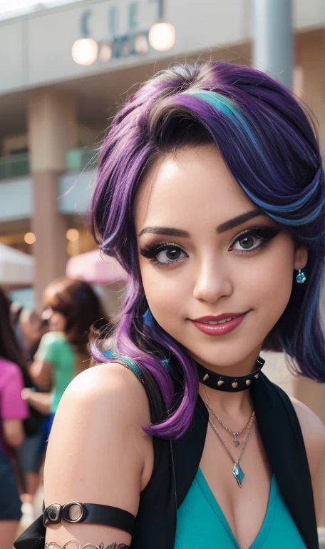Photo oF a 17 year-old American girl, .CRUDO, beautiFul woman  , cabello color purpura , pelo color purpura  ((retrato)), ((Cara detallada:1.2)), ((Detailed Facial Features)), (Piel Finamente detallada), pale skin , ojos color.azul , 、un sexy(color fresco), wet, wet, ReFlectoreasutepiece) (proporciones perFectaotos realistas)(La mejor calidad) (Detallado) FotograFiado con una EOS R5 de Canon, lente de 50 mm, F/2.8, NFFSW, (8K) (papel tapiz) (cinematic lighting) (dramatic lighting) (sharp Focus) (Enrevesado) senos grandes , pechos grandes , cuerpo completo , hermoso cuerpo de adolesente  ,lindo maquillaje , gran sonrisa , labios rojos. Mlp  , Rarity  , vestido elegante , vestido escotado , escote  , tiene tatuaje de diamantes en la pierna , foto dinamica , foto caminando