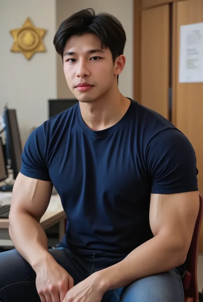 A male police officer in his 20s poses for a group photo., Wear a navy blue polo shirt., high resolution, Masterpiece, best quality, head:1.3,, Smooth and fine skin, clear focus, (movie light), during the night, gentle light, Dynamic angle, (detailed face:1.2), (((exercise))), sport, His arm muscles were very big., hand in crotch, in his office