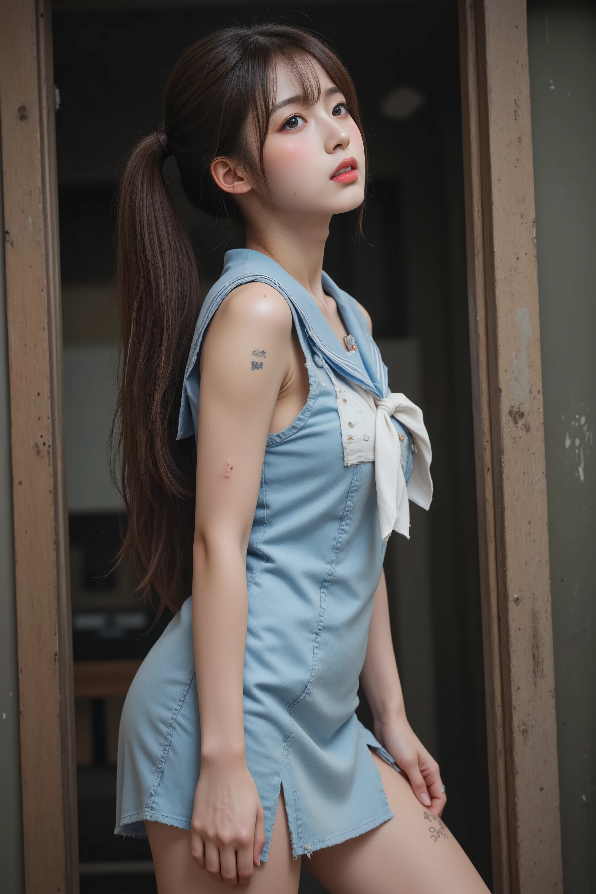 NSFW, penis_shadow,
Photorealistic,
Highly detailed,
full body,
a beautiful Korean girl,
She is very young, she is in her early s,
Her hair is slightly chestnut black,
her hairstyle is a long ponytail with bangs,
her hair is messy and frayed,
Her skin is as white as snow,
her thighs are very thick and curvy,
She has very large breasts and they are a little saggy,
She has several tattoos,
one of tattoo is a poop tattoo,
She was a Korean idol singer,
She is a prostitute now,
She is wearing a sleeveless light blue mini skirt dress,
which has a sailor collar,
The skirt of the dress has two deep slits that reveal both thighs,
the dress is very dirty,
the dress is torn in places,
(She is not wearing any underwear:1.5),
(She is not wearing any panties or pants),
Her whole body was dirty and dusty,
Her face and body are covered with numerous small scars, Bruise marks, Freckles, boils, rashes,
needle wounds, knife wounds, whip marks, wounds from being tied up,
She is facing forward,
a huge penis_shadow is on her face and she looks up at the penis in awe,
penis awe,
aroused, horny, pov.
in the slum room,