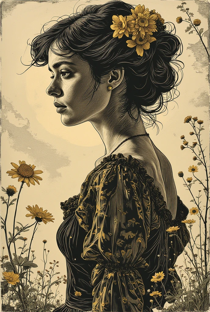 side view, full length style, elegant retro ballerina , forget-me-not hair , Attention to detail , Surrealism,
Maryam Duizendstra style illustration , by MS art