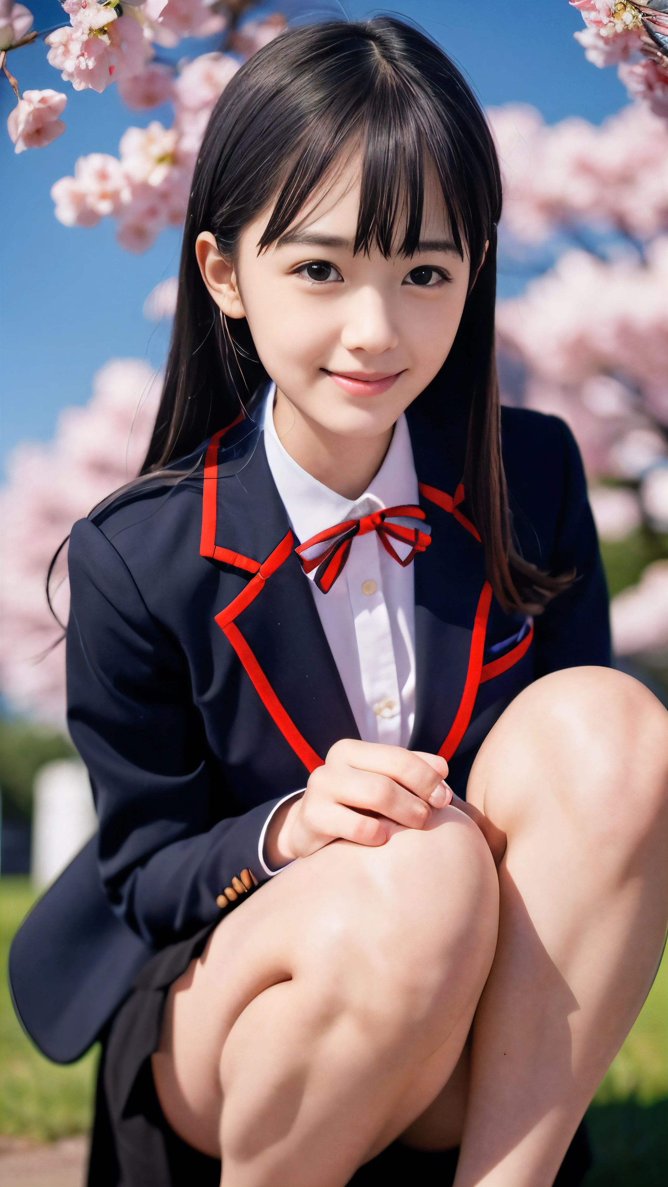 (Face shot of one slender small breasts dark silver long hair with swept bangs girl in a black blazer uniform with a red trimmed collar and black skirt:1.5)、(A girl is kneeling in the park with small smile:1.5)、(Uniform with a black blazer and a black skirt with a red edging collar:1.5)、(Beautiful cherry blossoms in full bloom in Japan:1.5)、(blurred background:1.5)、(Natural light:1.5)、(8k ultra detailed master piece:1.5)、(perfect anatomy:1.5)、(Photorealistic stick:1.5)、(Raw photo:1.3)、(highest quality:1.5)、(High resolution:1.3)、(Delicate and beautiful perfect face:1.3)、(Delicate and beautiful eye air skin:1.3)、(Real Human Skin:1.3)、((thin legs))