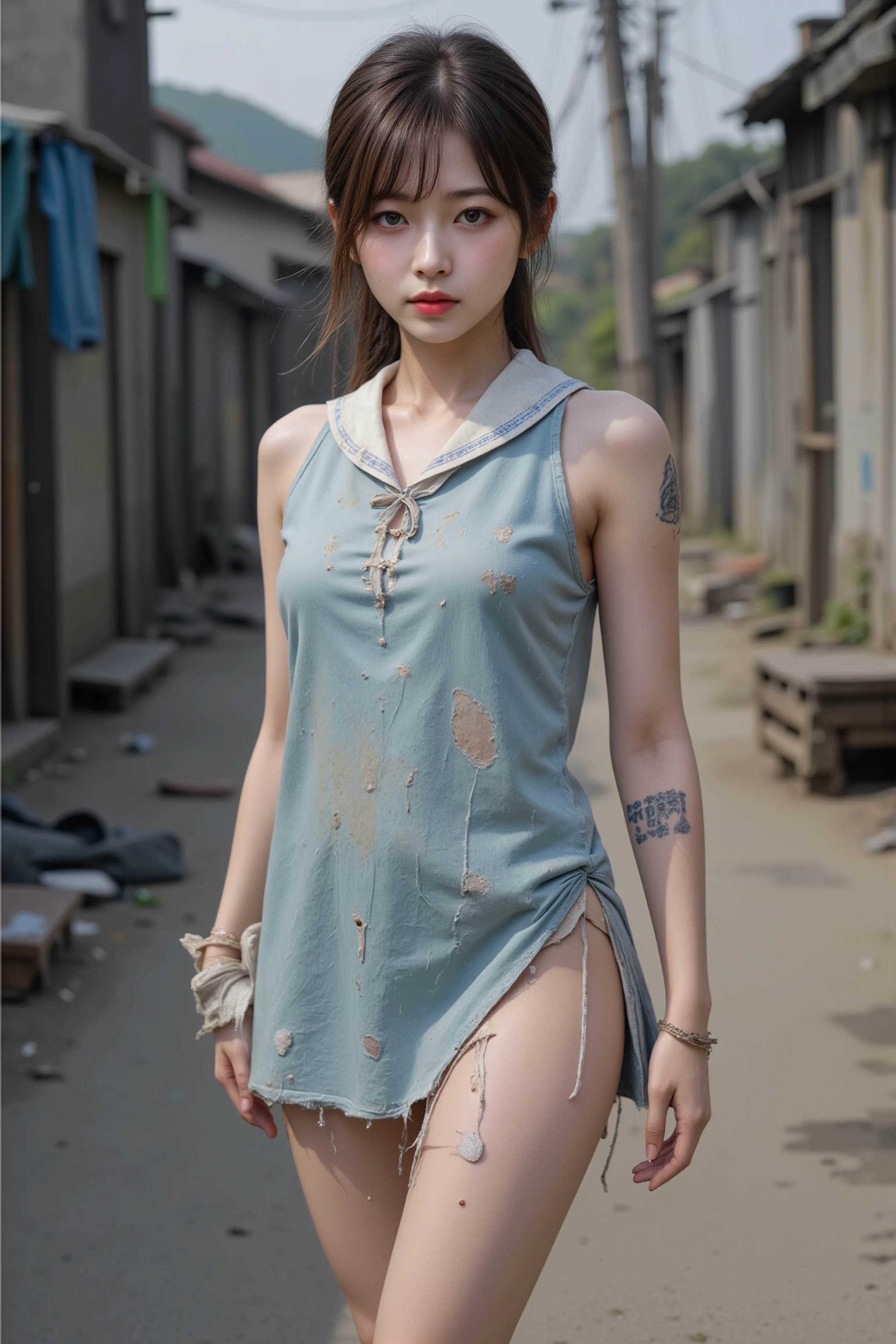 NSFW, penis_shadow,
Photorealistic,
Highly detailed,

full body,

a beautiful Korean girl,
She is very young, she is in her early s,
Her hair is slightly chestnut black,
her hairstyle is a long ponytail with bangs,
her hair is messy and frayed,
Her skin is as white as snow,
her thighs are very thick and curvy,
She has very large breasts and they are a little saggy,
She has several tattoos,
one of tattoo is a poop tattoo,
She was a Korean idol singer,
She is a prostitute now,

She is wearing a sleeveless light blue mini skirt dress,
which has a sailor collar,
The skirt of the dress has two deep slits that reveal both thighs,
the dress is very dirty,
the dress is torn in places,
(She is not wearing any underwear:1.5),
(She is not wearing any panties or pants),
Her whole body was dirty and dusty,
Her face and body are covered with numerous small scars, Bruise marks, Freckles, boils, rashes,
needle wounds, knife wounds, whip marks, wounds from being tied up,
She is facing forward,

in the slum,