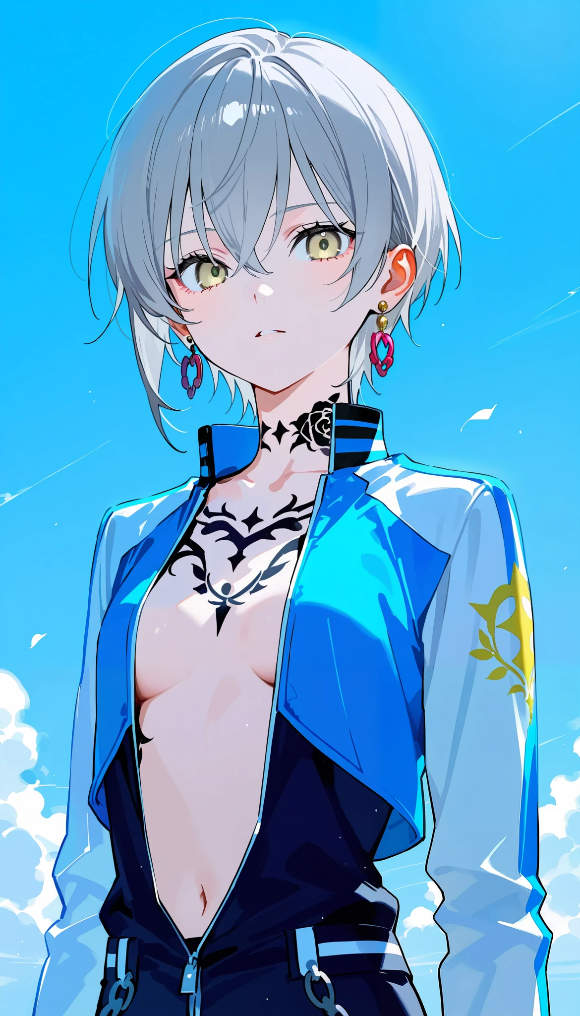 (Villainous Criminals , Riders Jacket, Gray Hair, pailyellow eyes, Tattoo Earrings Chain )