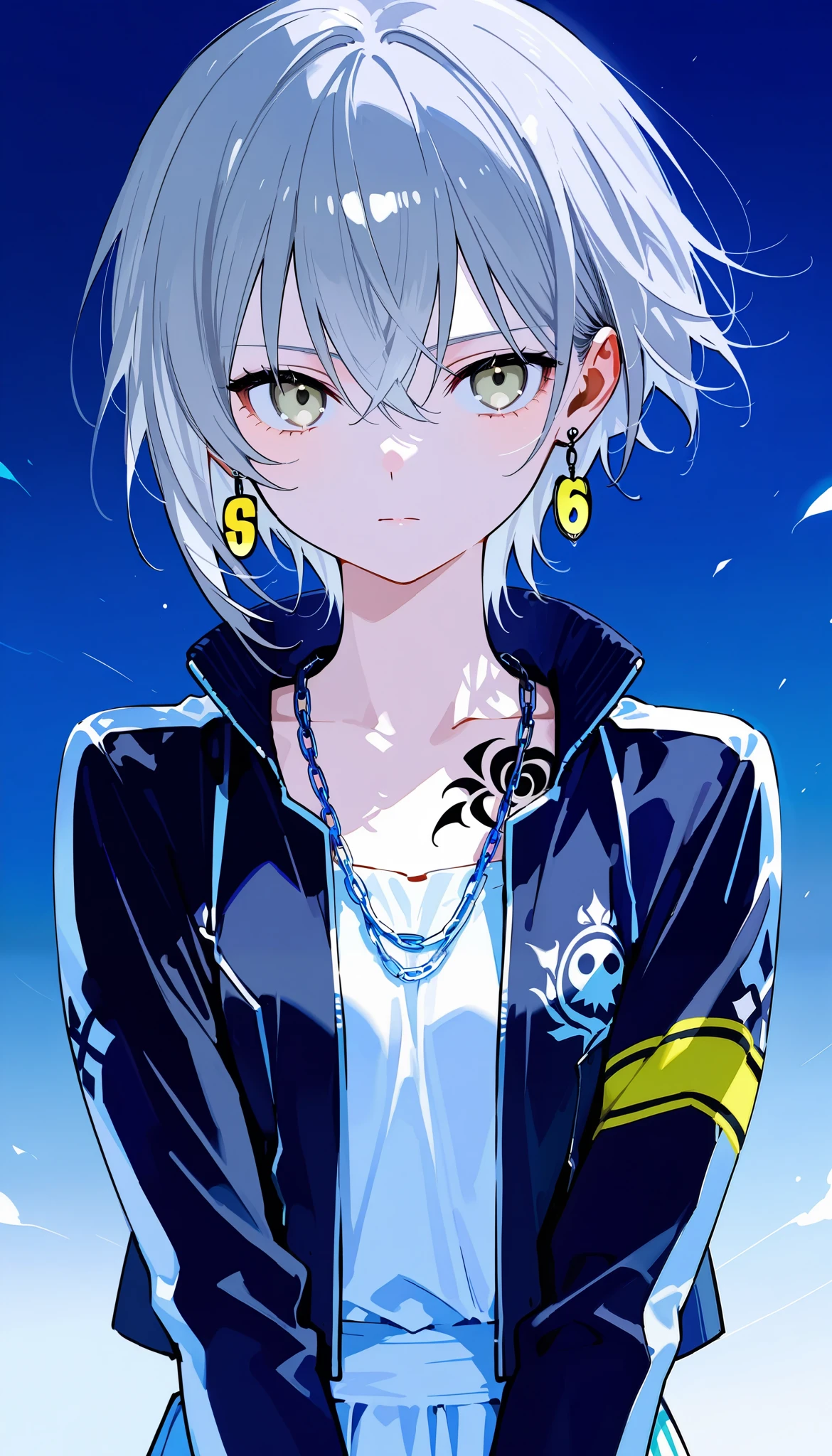 (Villainous Criminals , Riders Jacket, Gray Hair, pailyellow eyes, Tattoo Earrings Chain )