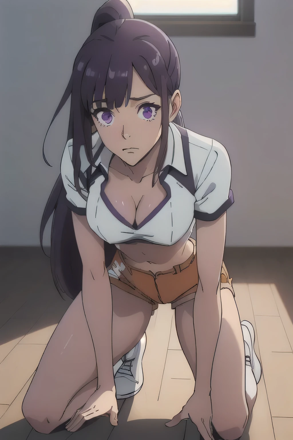 aurora,tall woman, long hair, purple hair, very long hair, purple eyes,school swimsuit,disgust.shadow over eyes,looking down on viewer,collar leash,viever holding leash,bend forward,on all fours,crawl,plug tair,covered in cum,eating cum from the bowl
