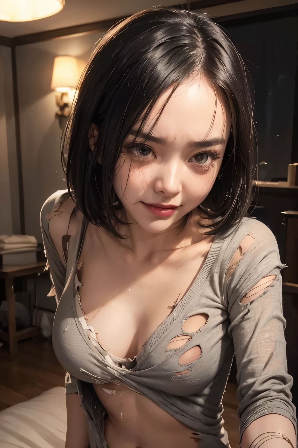 One Girl,Nightwear,crawling, one-curl bob cut,Best Quality,Black Hair ,Sweaty body,Big Breasts,(Show your forehead),hairpin,(Half-open eyes),Japanese sound effects,(Disgust:1.4),(tears:1.3),bed,hostel,(night),upper body,Grin,((torn clothes:1.5)),((pull clothes:1.5)), (8k,RAW shooting,highest quality,masterpiece:1.2),Super detailed,super resolution,(genuine,genuine:1.37),portrait,High-definition RAW color photo,professional photography,highly detailed face, highly detailed body,perfect anatomy,