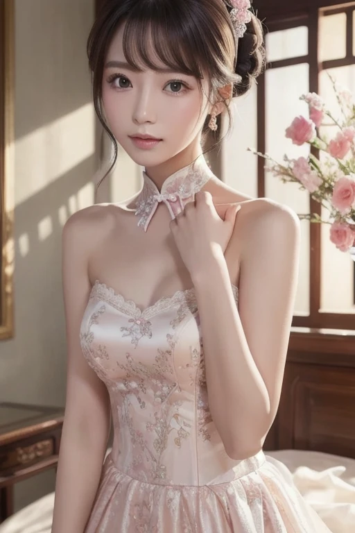 (Highly detailed CG 8k wallpaper, masterpiece, Highest quality, Super detailed), (Better lighting, Better Shadows, Very delicate and beautiful), floating, High saturation, Dynamic Angle, ((One girl)), nice, Ningguang City(Orchid Evening Dress) Gray Hair, Red eyes, Very long hair, hair ornaments, bangs