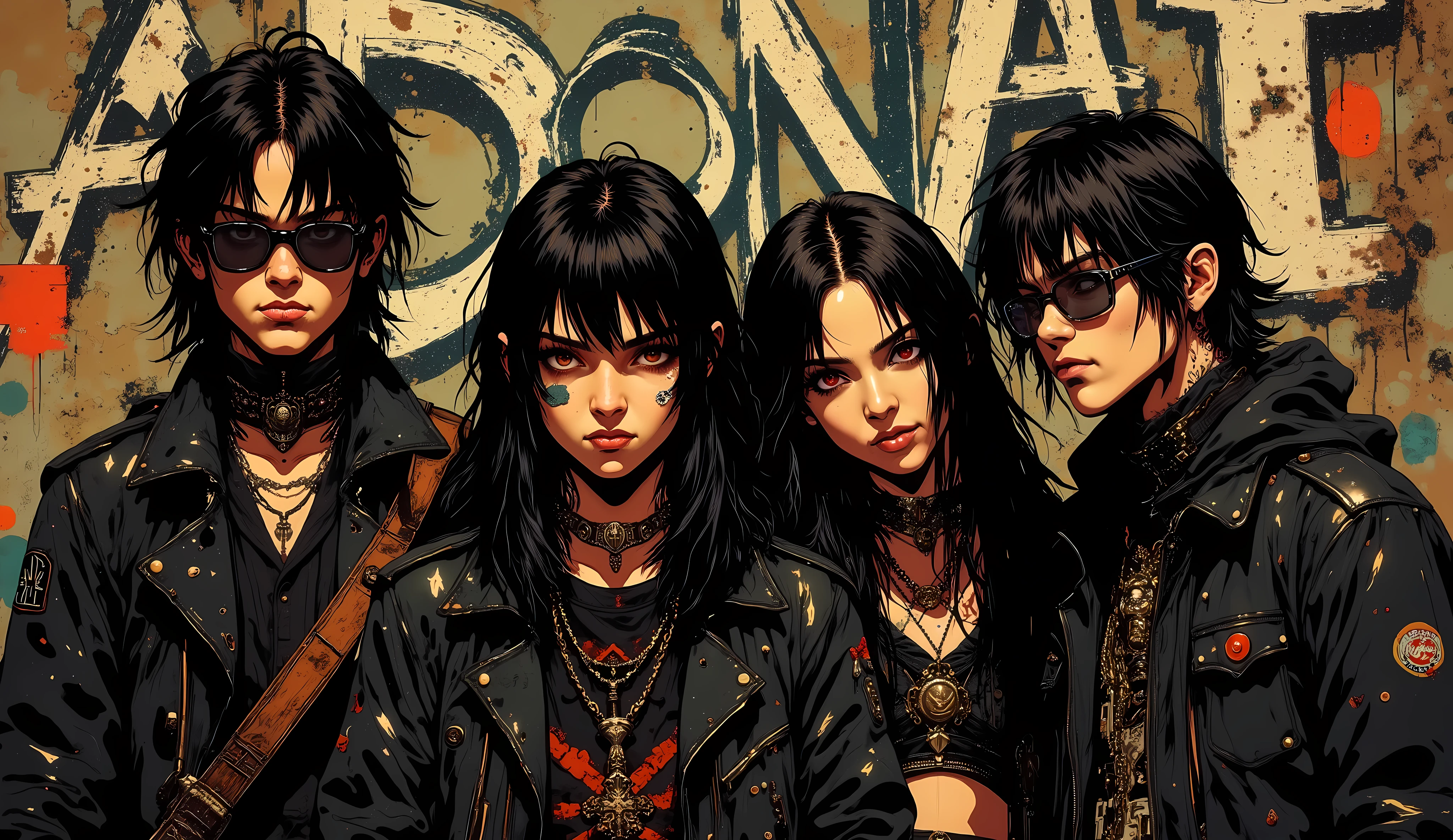 (( RAW photo), absurdo, ( absurd resolution)), masterpiece, envelopes , ( Extremely detailed 8k unit CG wallpaper), ( best illustration), ( Best Tone ), realistic lighting , detailed and beautiful glitter, (( 20 years)), black hair, black jacket , with a cross , 4 young people in a rock band , calle, black glasses, rock , behind there is a grafiti sign that says "ADONAI"