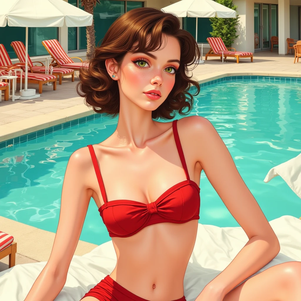 ((((1girl,)))), A sensual Rachel Cook.  (((No panties, vagina, asshole, ass cheeks, buttocks ))),  view from below,  ((view from front)).  (((wearing a loose fitting, short, red, floral sundress))), medium breasts, cleavage nipples. ((White running shoes, no socks)). (((Bright blue eyes))).  Pin-up painting from the '50s, in the art style of Alberto Vargas,, award-winning, masterpiece  