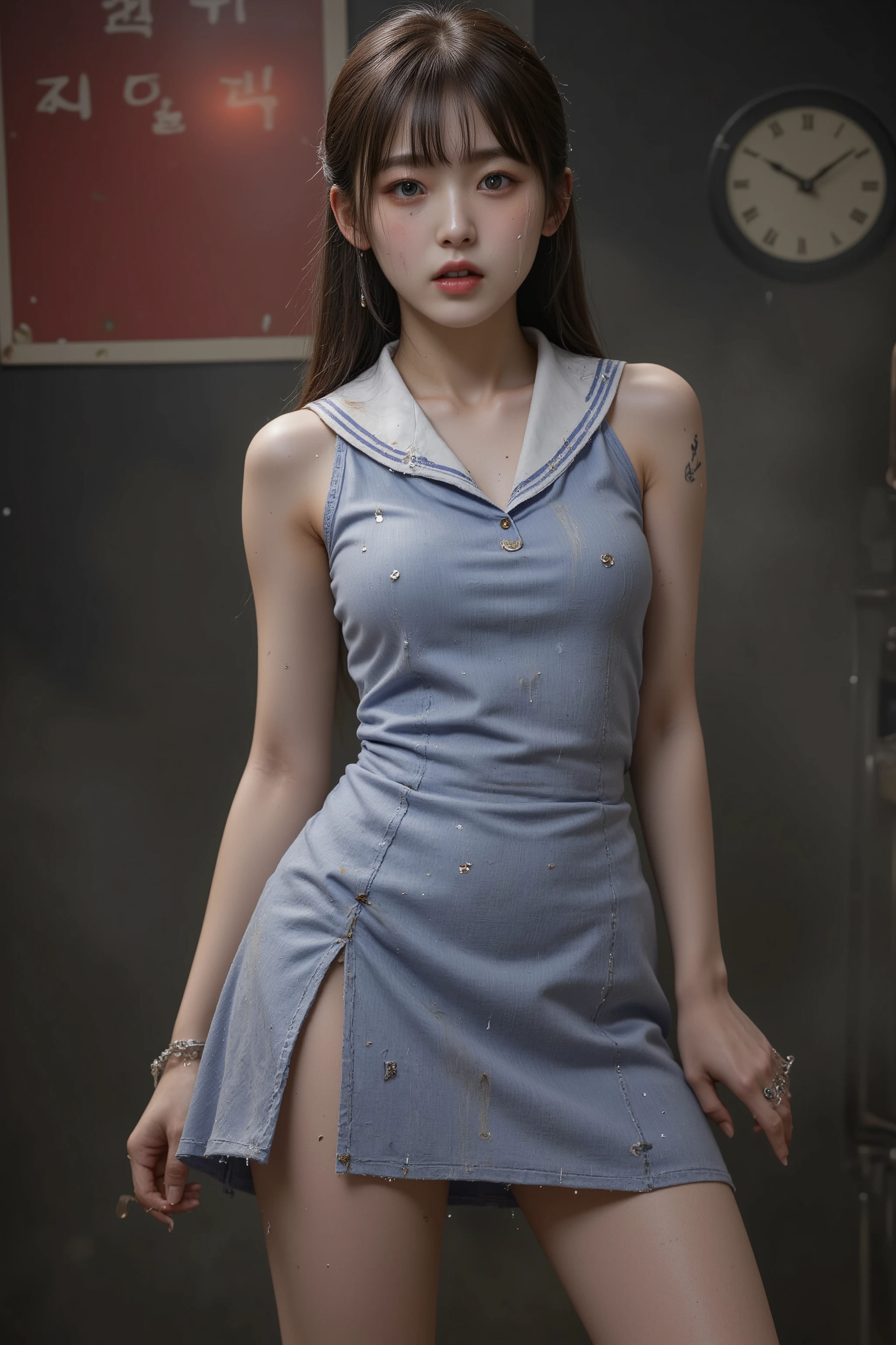 NSFW,
Photorealistic,
Highly detailed,
full body,
a beautiful Korean girl,
She is very young, she is in her early s,
Her hair is slightly chestnut black,
her hairstyle is a long ponytail with bangs,
her hair is messy and frayed,
Her skin is as white as snow,
her thighs are very thick and curvy,
She has very large breasts and they are a little saggy,
She has several tattoos,
one of tattoo is a poop tattoo,
She was a Korean idol singer,
She is a prostitute now,
She is wearing a sleeveless light blue mini skirt dress,
which has a sailor collar,
The skirt of the dress has two deep slits that reveal both thighs,
the dress is very dirty,
the dress is torn in places,
(She is not wearing any underwear:1.5),
(She is not wearing any panties or pants),
Her whole body was dirty and dusty,
Her face and body are covered with numerous small scars, Bruise marks, Freckles, boils, rashes,
needle wounds, knife wounds, whip marks, wounds from being tied up,
She is facing forward,
She is doing a strip dance shaking her hips,
She dances erotically with her legs spread,
She's on stage in an illegal spectacle,
The stage is in a small basement,
and she is surrounded by male fans.