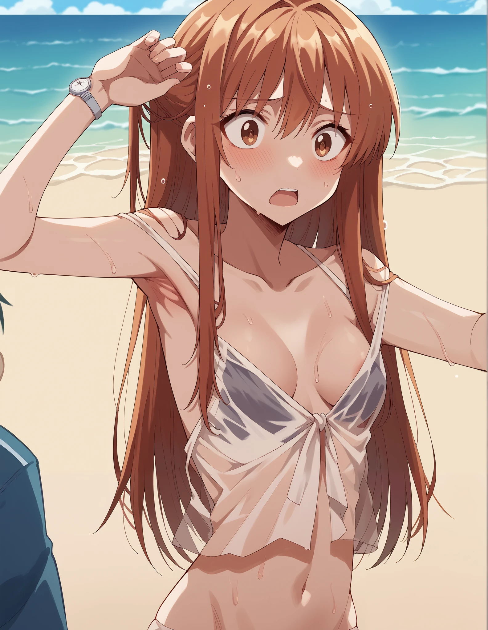 full nude, show me your armpits, wet skin, watch viewers, sheer clothes,asunayuuki,  Yukiko Aikina,  long hair,  tea hair,  brown eyes,  medium boobs,, beach, costume failure ,  bikini, Accidental exposure, untied  bikini,  strap breaking , Burst Bust , Chest slip, belly button, Surprised,  embarrassing,,
