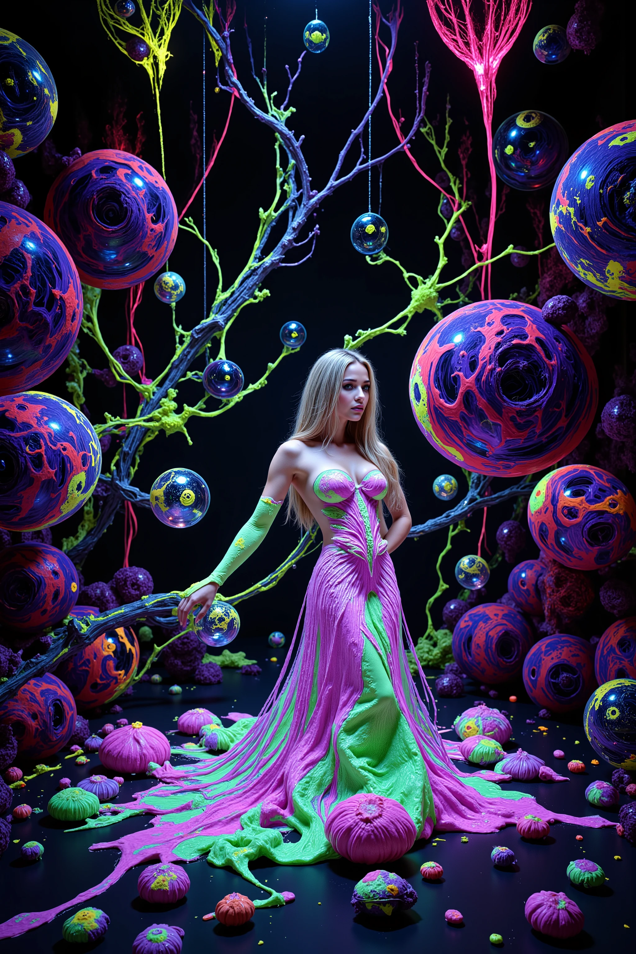 Ultraviolet bright glow and shine reflects off of all objects in this image. Fabricated Blonde young woman, very attractive, her dress is glowing within, in super bright ultraviolet light. Around her the spheres and orbs reflect vibrant colors shimmering, glass morphing from colors. Blonde poses in neon, pastel ultraviolet mud, marbled with bright multicolored paste and gel in intricate patterns that twist in and out of objects while dripping into each other, perfectly formed symmetrical spheres and glowing reflective bubbles, extreme attention to detail on the bubbles and spheres, rainbows of color twist out of translucent orbs, spilled paint and colored mud with swirling color, all black background, beautiful psychedelic digital art, pixel art, neon colors, 4d mandelbulb psychedelics, glass-like psychedelic landscape, intricate rainbow coloured environment, psychedelic underwater brightness, trails of color and light, bright fluorescent colors, psychedelic vibrant colors, bright psychedelic neon colors, colorful paint drips out of the bubbles, 3D glass spheres melting into each other spilling out colors, visually disorienting, hallucination inducing, optical illusions, startling, stunning images, awe-inspiringly, best quality cyborg girl, portrait photography, surrealism, photorealistic, hyper detailed, glass morphism, digital art, sparkle, optical illusion, glowing light, reflection light, overexposure, god rays backlighting, depth of field, rotational symmetry, UHD, high details, high quality, super detailed, best quality, award winning, Masterpiece. Spheres reflecting light everywhere and it brings out images and optical illusions for the viewer's disorienting experience of looking at it. Super bright neon flux Colors.** incorporate bright neon green, neon blue, neon purple, neon yellow, &blood red**Extreme glow and shine reflect off