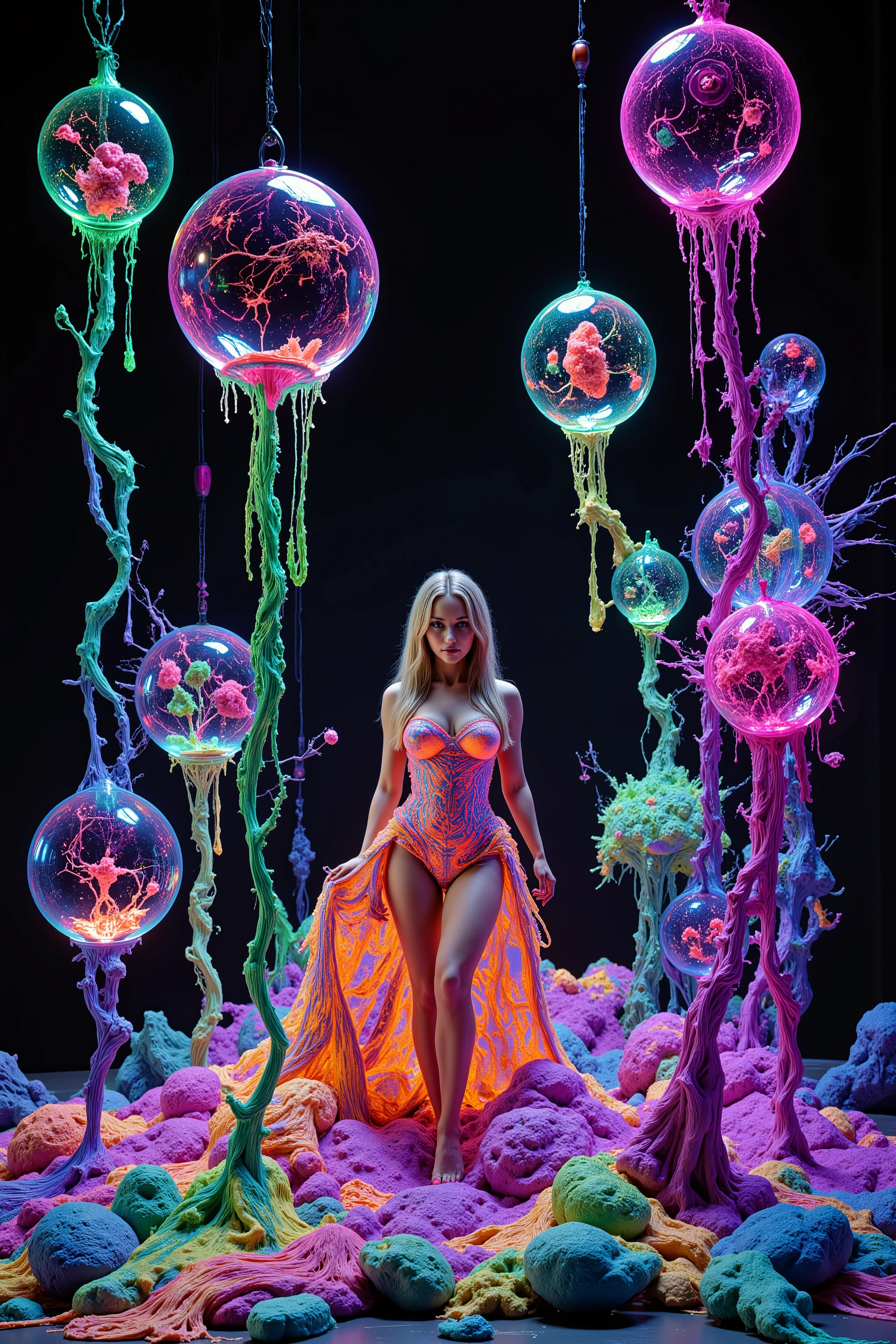Ultraviolet bright glow and shine reflects off of all objects in this image. Fabricated Blonde young woman, very attractive, her dress is glowing within, in super bright ultraviolet light. Around her the spheres and orbs reflect vibrant colors shimmering, glass morphing from colors. Blonde poses in neon, pastel ultraviolet mud, marbled with bright multicolored paste and gel in intricate patterns that twist in and out of objects while dripping into each other, perfectly formed symmetrical spheres and glowing reflective bubbles, extreme attention to detail on the bubbles and spheres, rainbows of color twist out of translucent orbs, spilled paint and colored mud with swirling color, all black background, beautiful psychedelic digital art, pixel art, neon colors, 4d mandelbulb psychedelics, glass-like psychedelic landscape, intricate rainbow coloured environment, psychedelic underwater brightness, trails of color and light, bright fluorescent colors, psychedelic vibrant colors, bright psychedelic neon colors, colorful paint drips out of the bubbles, 3D glass spheres melting into each other spilling out colors, visually disorienting, hallucination inducing, optical illusions, startling, stunning images, awe-inspiringly, best quality cyborg girl, portrait photography, surrealism, photorealistic, hyper detailed, glass morphism, digital art, sparkle, optical illusion, glowing light, reflection light, overexposure, god rays backlighting, depth of field, rotational symmetry, UHD, high details, high quality, super detailed, best quality, award winning, Masterpiece. Spheres reflecting light everywhere and it brings out images and optical illusions for the viewer's disorienting experience of looking at it. Super bright neon flux Colors.** incorporate bright neon green, neon blue, neon purple, neon yellow, &blood red**Extreme glow and shine reflect off