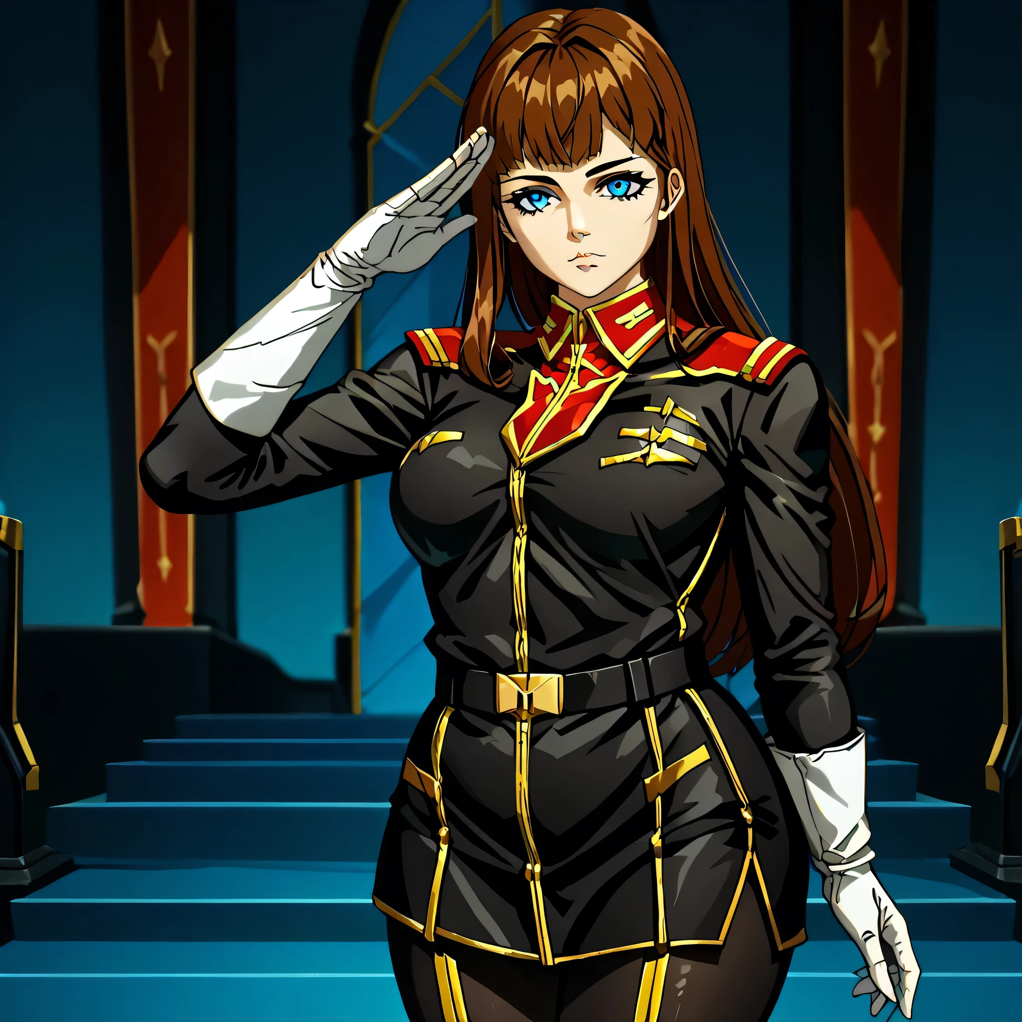 ultra-High resolution, score_9,score_8_up,score_7_up,score_6_up,score_5_up,score_4_up, BREAK, source_anime, anime screencap, uncensored, rating_explicit, Masterpiece, curvy, looking at viewer, (((solo, 1girl))), hair ornament, (((TitanOutfit))), full body, medium breast, miaa, brown hair, long hair, blue eyes, salute, saluting, expressionless, emotionless