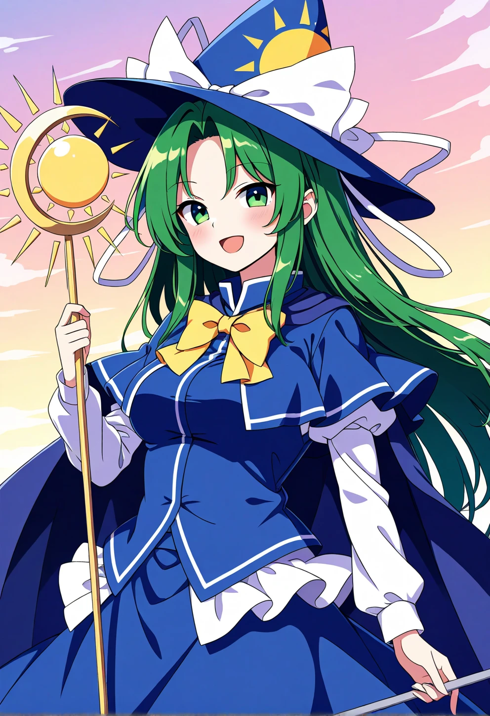 1girl, mima (touhou), blue cape, blue capelet, blue hat, blue vest, bow, bowtie. cape, happy, hat, hat ribbon, holding, holding staff, juliet sleeves, long hair, medium breast, outdoor, puffy sleeves, ribbon, shirt, skirt, sun print, white ribbon , wizard hat